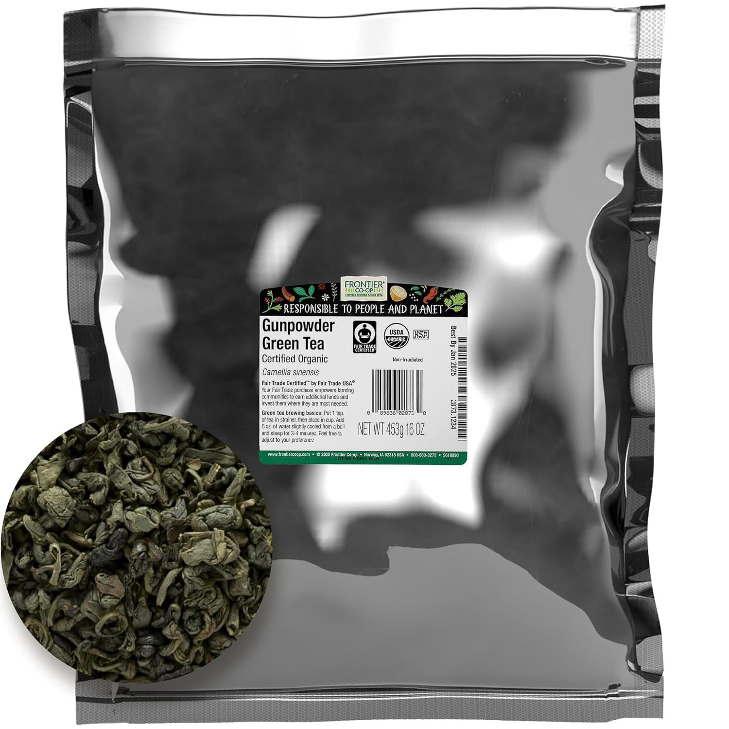 Organic Gunpowder Green Tea Leaves – 1 lb Bulk, Smoky Flavor, Fair Trade