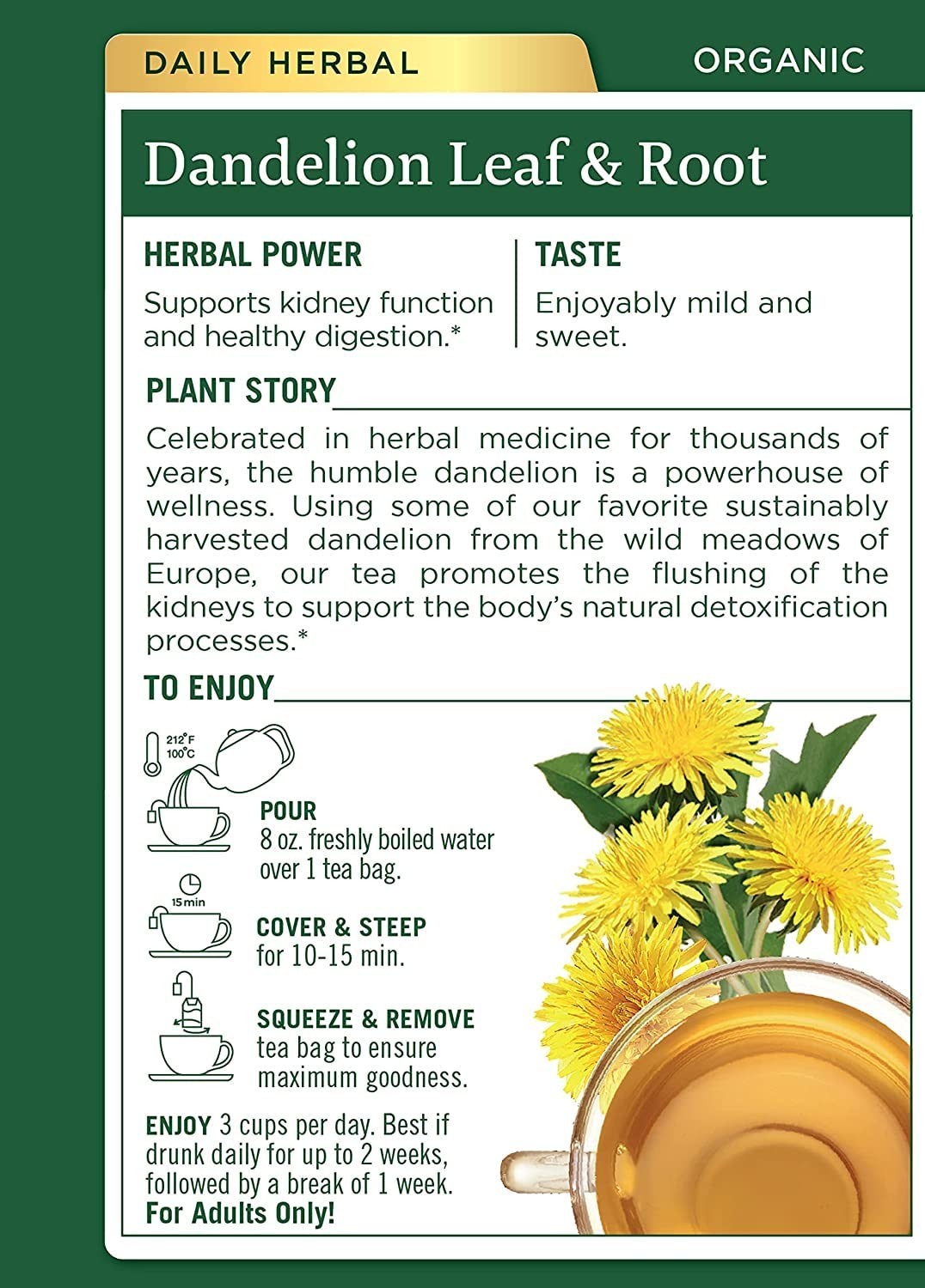 Herbal Dandelion Leaf & Root Tea – 32 Bags, Allergen-Free for Digestive Wellness