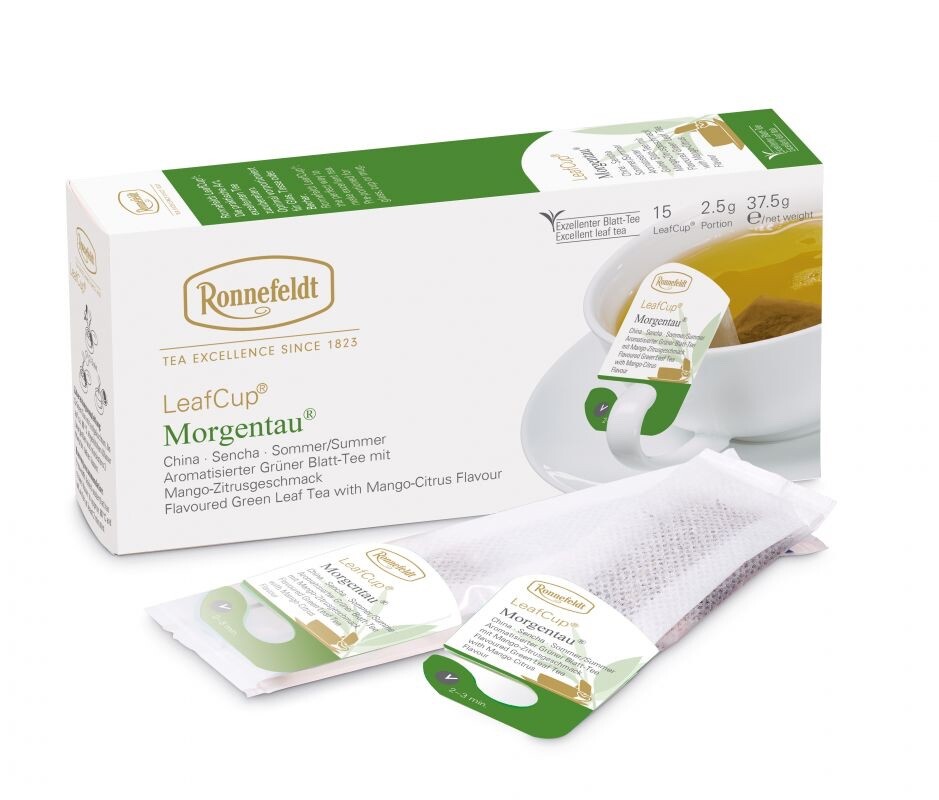 Ronnefeldt Leafcup® Morgentau. 15 Green tea Bags with mango & citrus flavor.Made