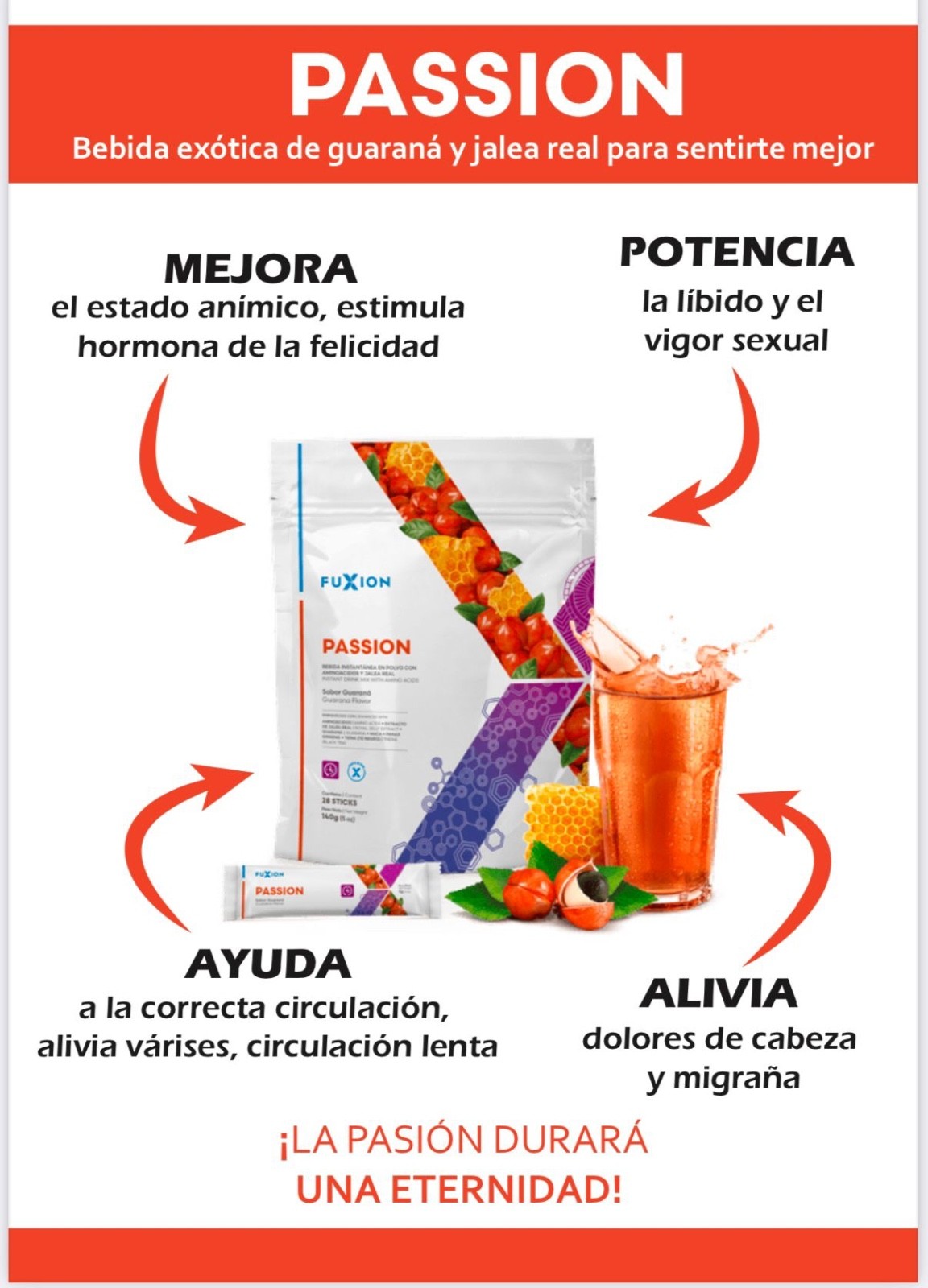 FUXION- PASSION Pleasant invigorating guarana flavor-28 Sticks-FREE SHIPPING