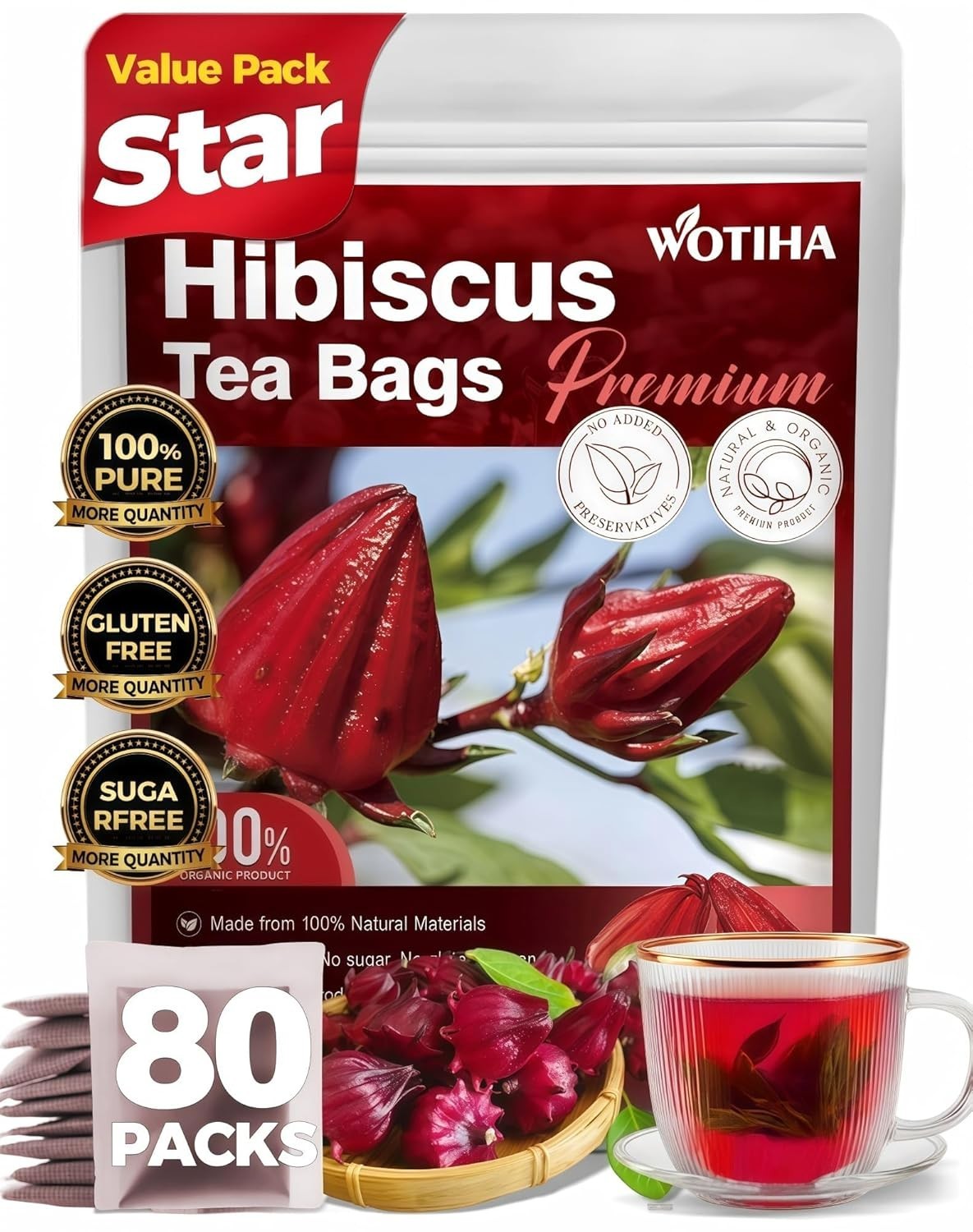 Premium 80 Hibiscus Flowers Tea Bags, 100% Natural, Handmade & Pure from Hibi