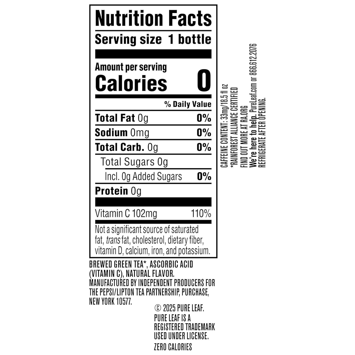 Natural Green Tea, Unsweetened, 18.5 fl Oz, Pack of 12