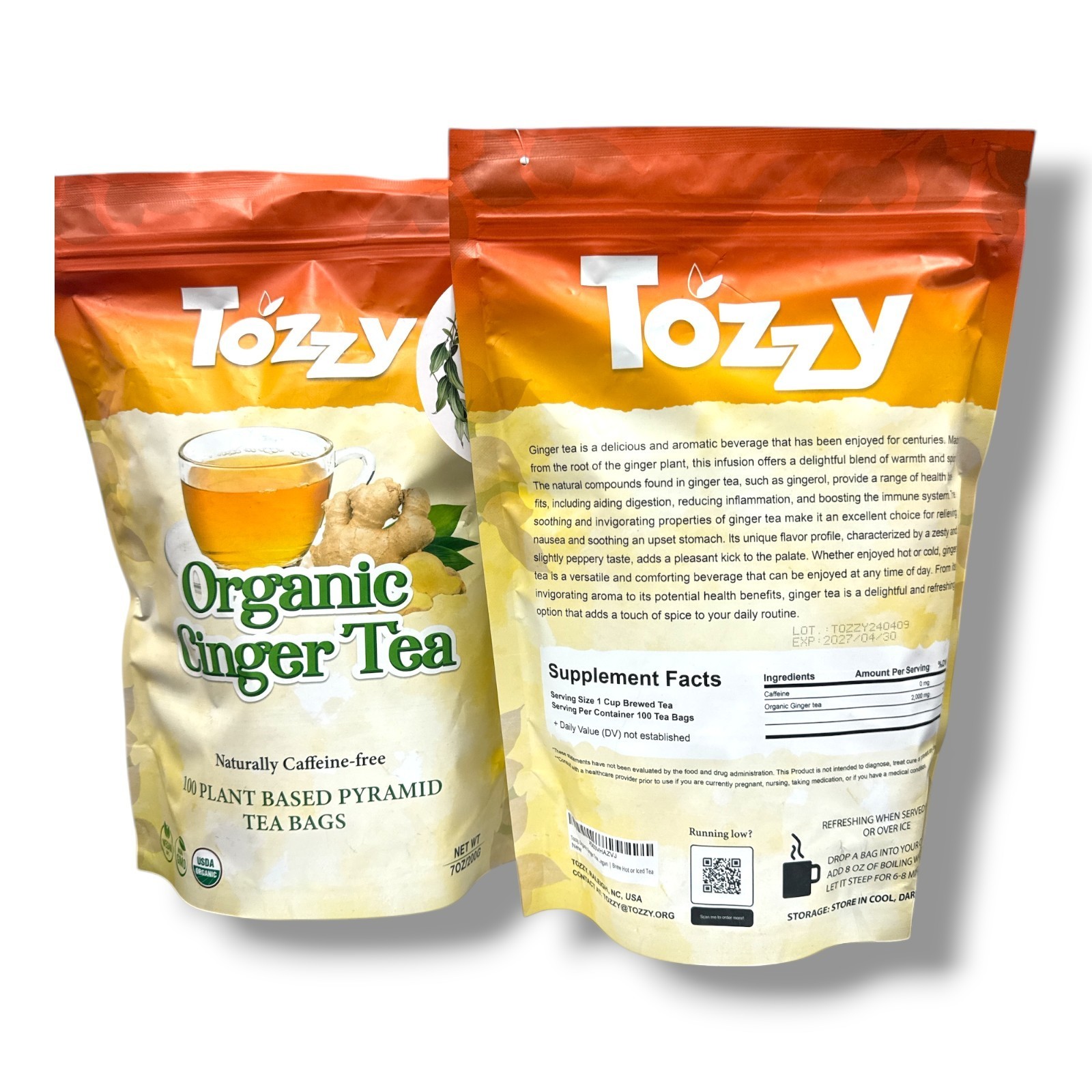 *Tozzy Organic Ginger Tea -100 Plant Based Pyramid Tea Bags- LOT OF 2