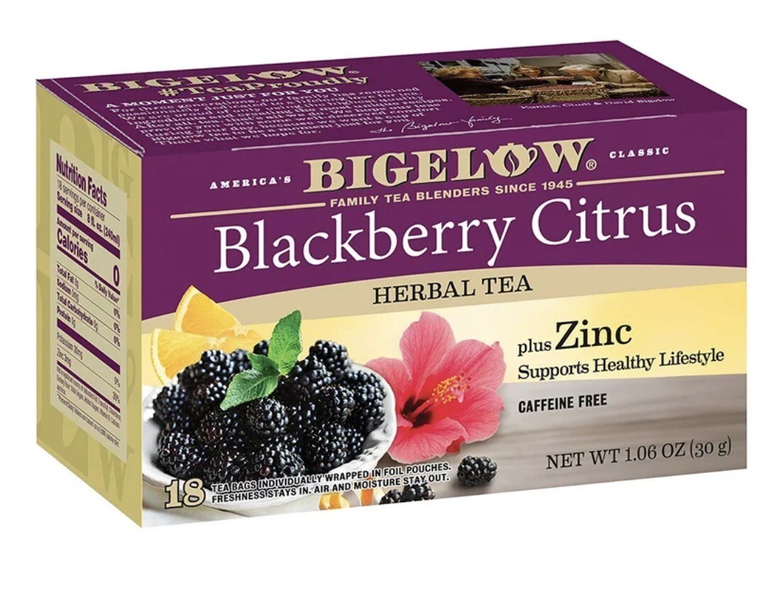Bigelow Blackberry Citrus Plus Zinc Herbal Tea, Caffeine Free, 18 Count Box