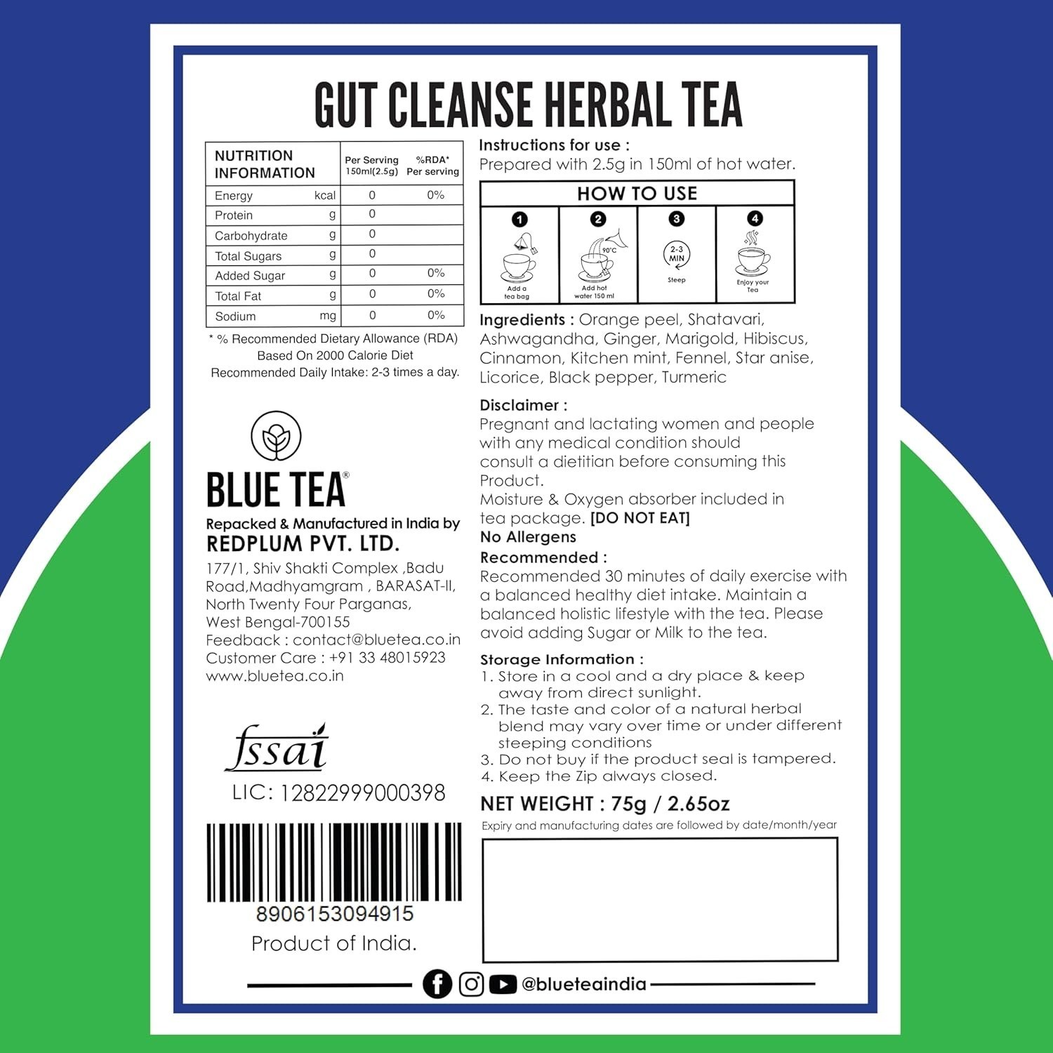 BLUE TEA Gut Cleanse 30 Tea Bags Plant Based Eases Bloating Supports Digestion