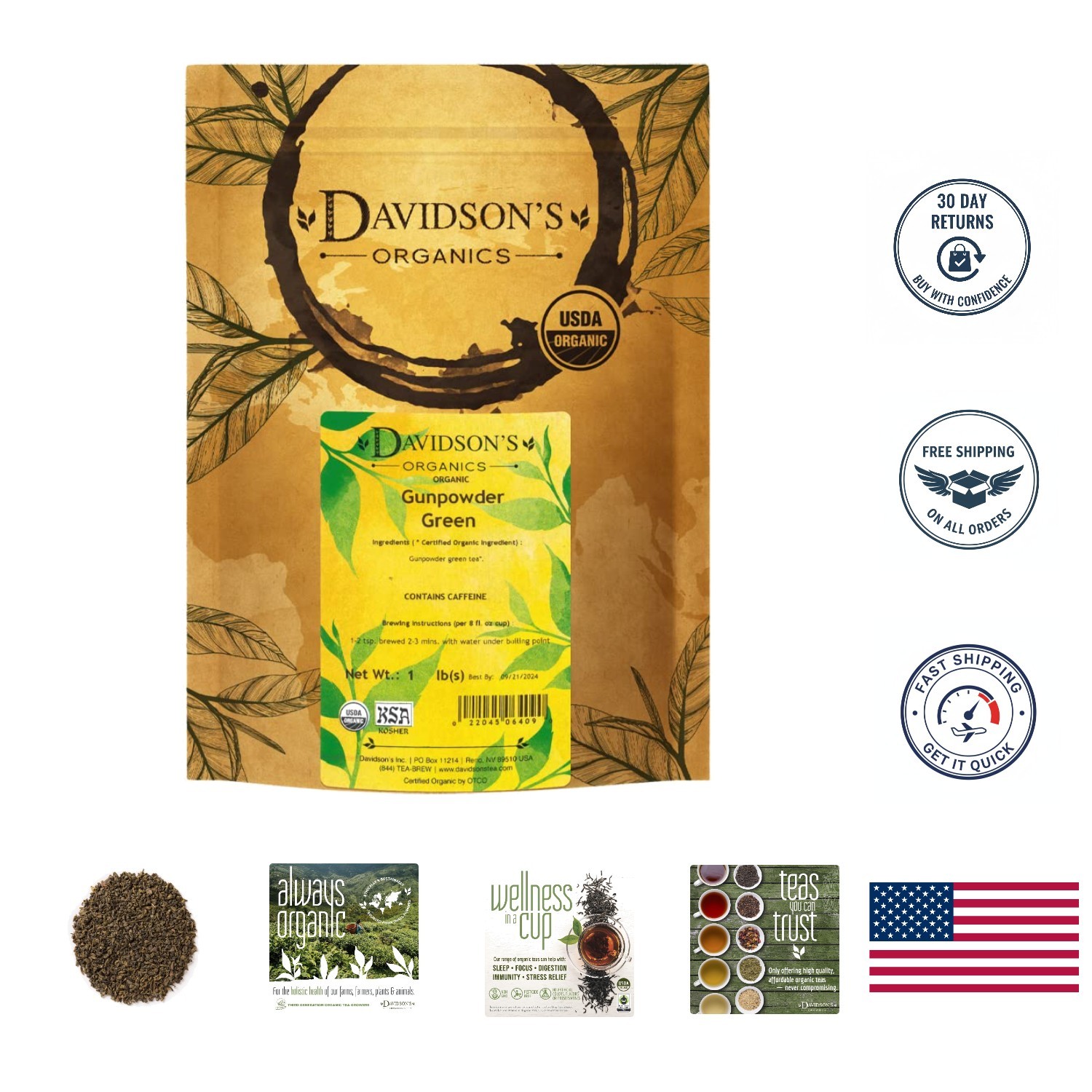 Authentic Gunpowder Green Loose Leaf Tea, 16 Oz – USDA Organic &