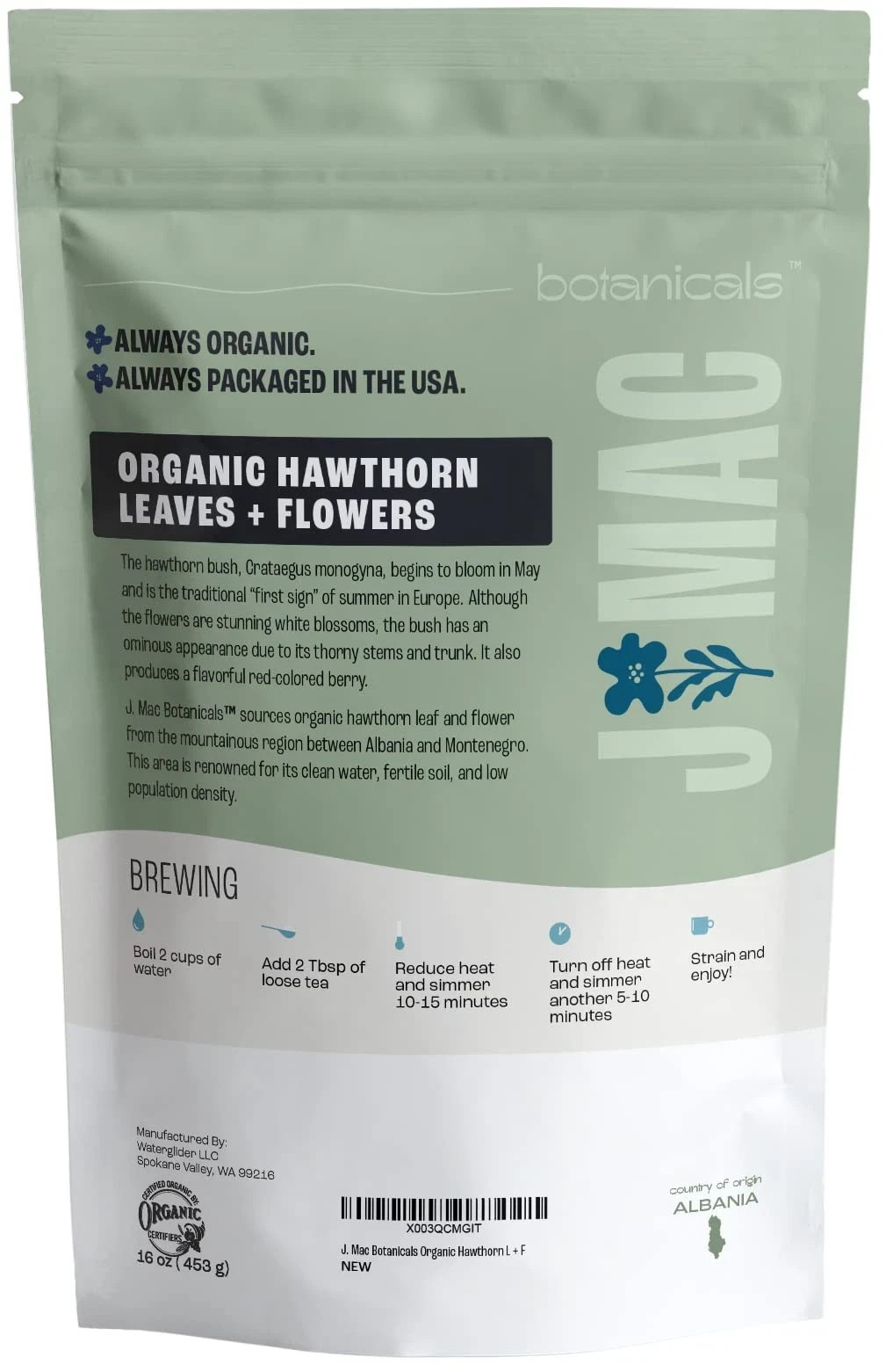 J MAC BOTANICALS Organic Hawthorn Leaves and Flower 8 oz Dried Hawthorne leaf…