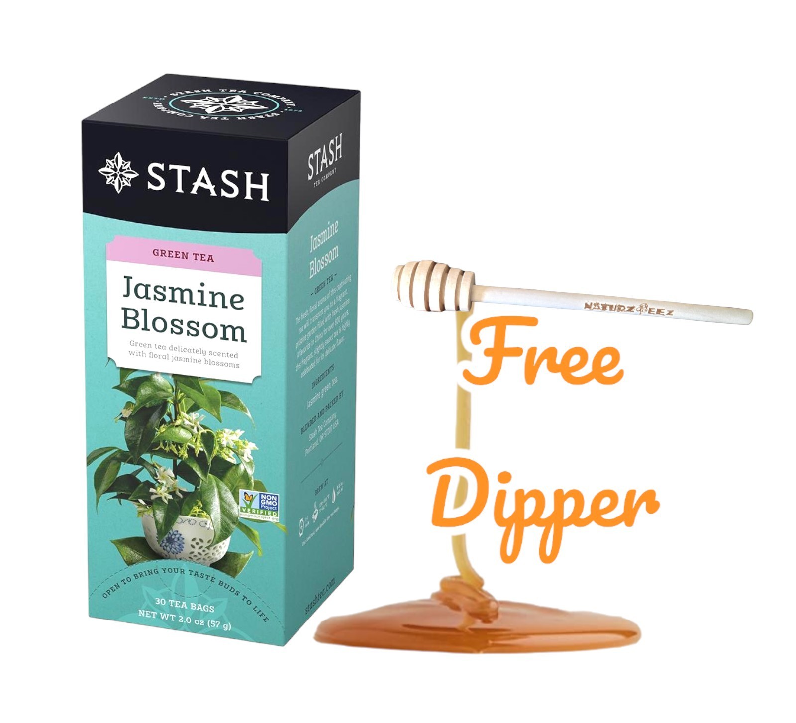 JASMINE GREEN TEA 30 Bags Free Honey Dipper (Not 20) Non-GMO Kosher