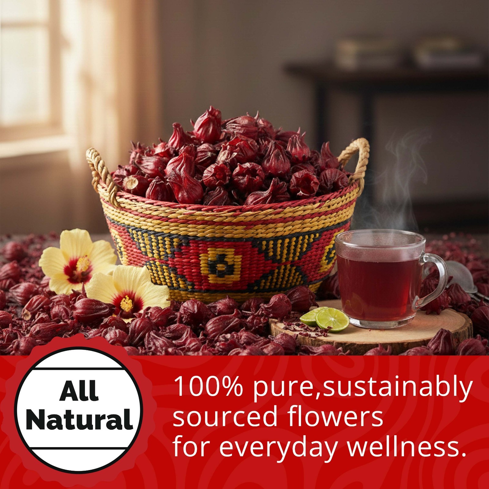 Dried Hibiscus Flower, Flor De Jamaica, Hibiscus Tea, Caffeine Free, 2.6oz