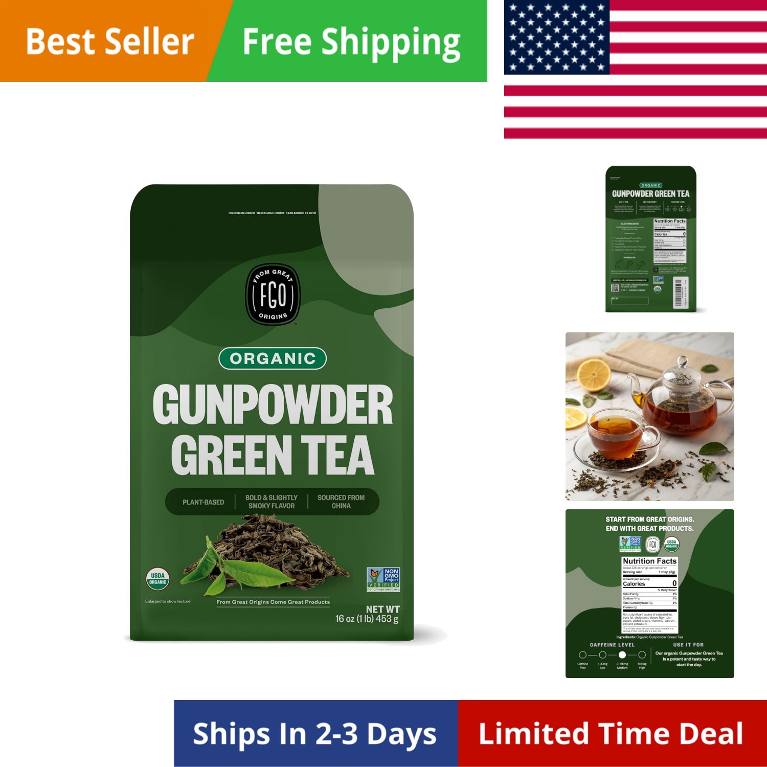 Organic Gunpowder Green Tea, Loose Leaf, 453g Bulk Resealable Bag, Packaging …