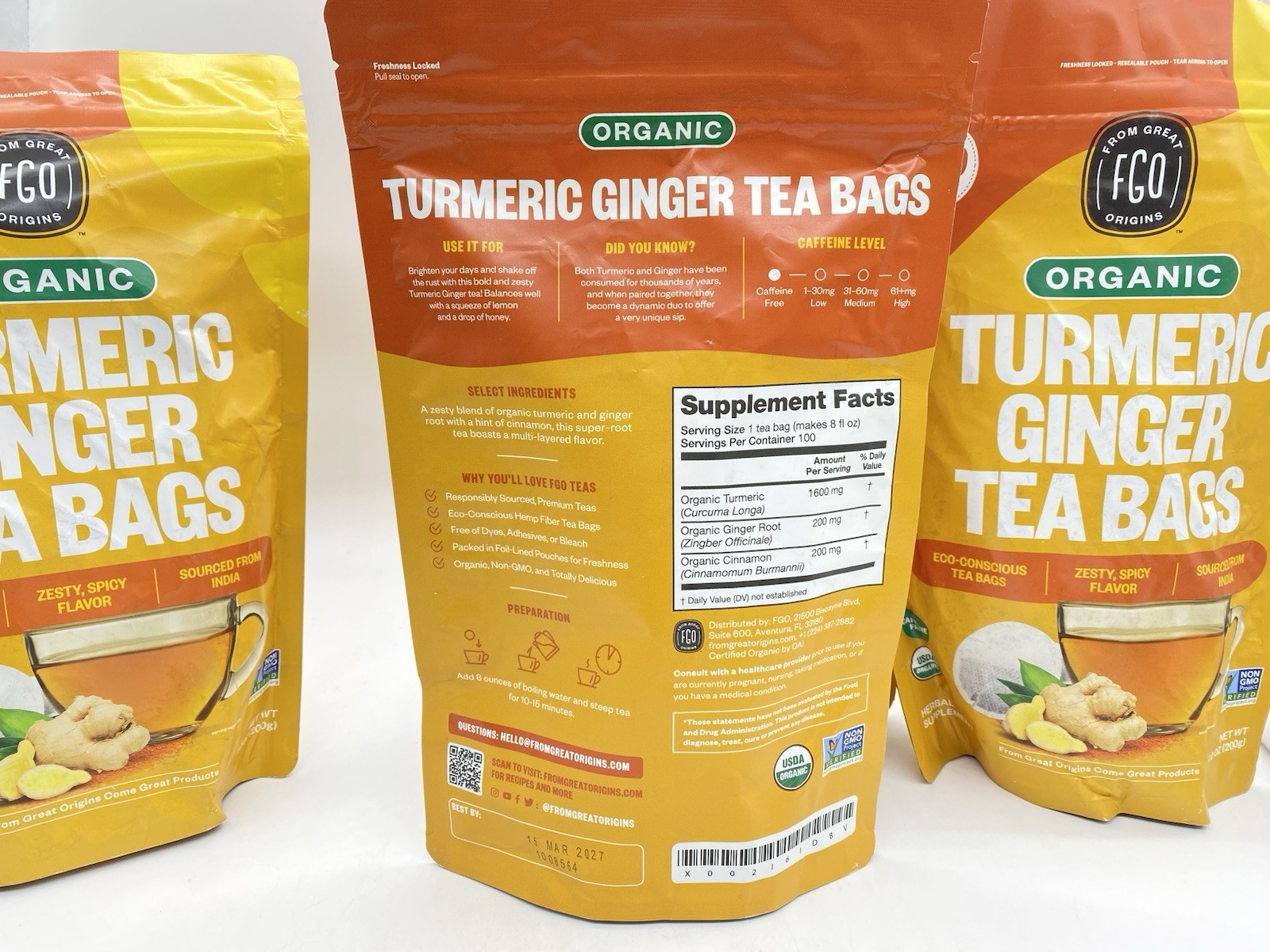 Organic Turmeric Ginger Tea – Eco-Conscious Tea Bags – 4 Pk. – 100 Count Each
