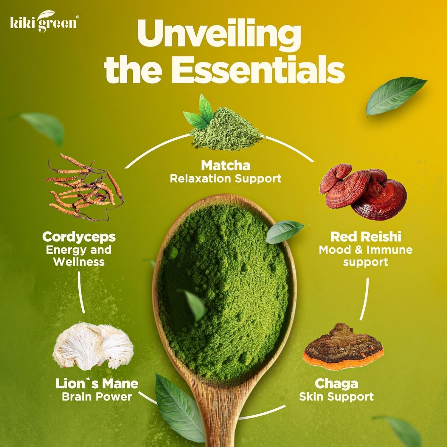 KIKI Green Mushroom Matcha Super Blend – Matcha Powder with Lion’s Mane, Chaga,