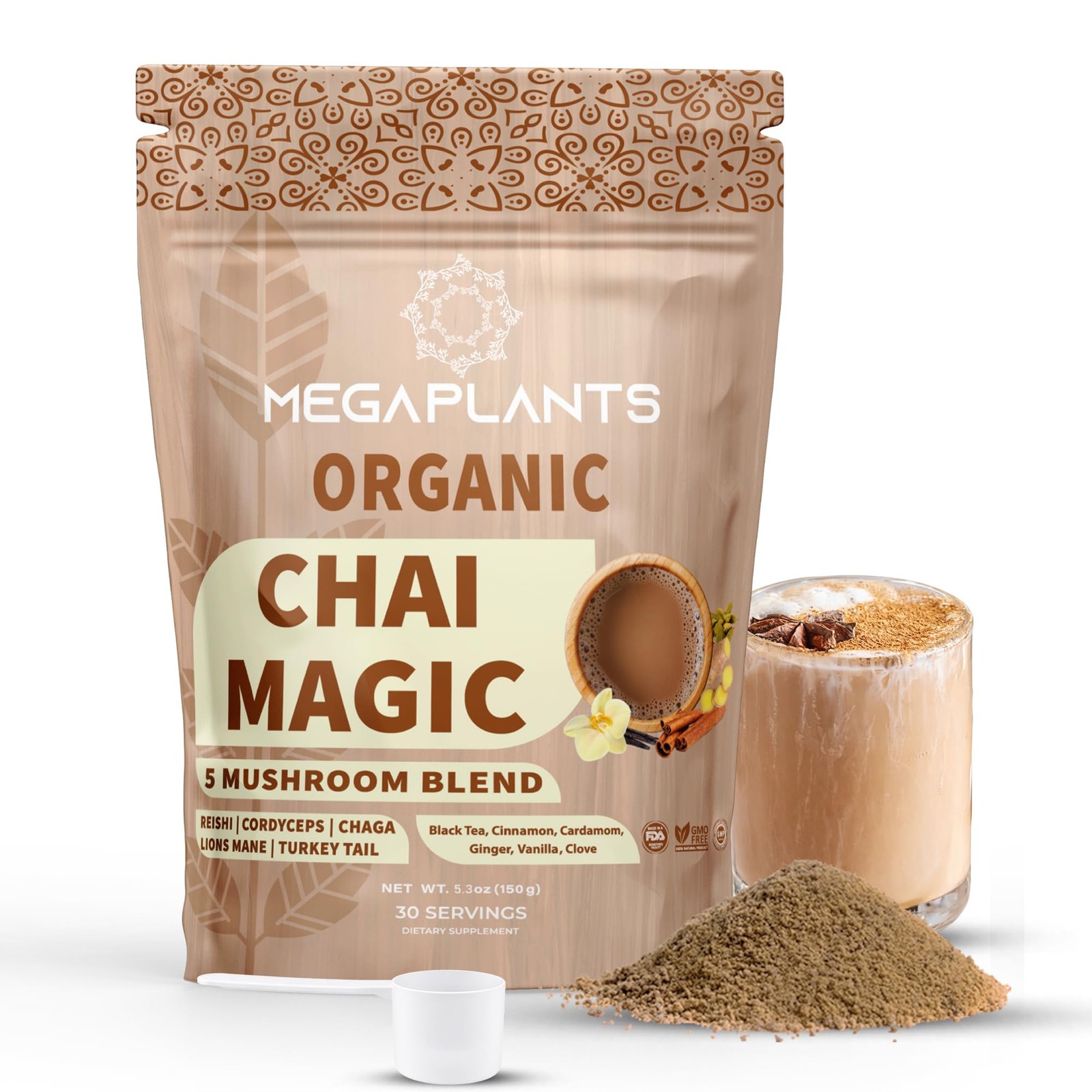 MEGAPLANTS Chai Magic 30 Servings | Superfood 5 Mushroom Powder Blend for Foc…
