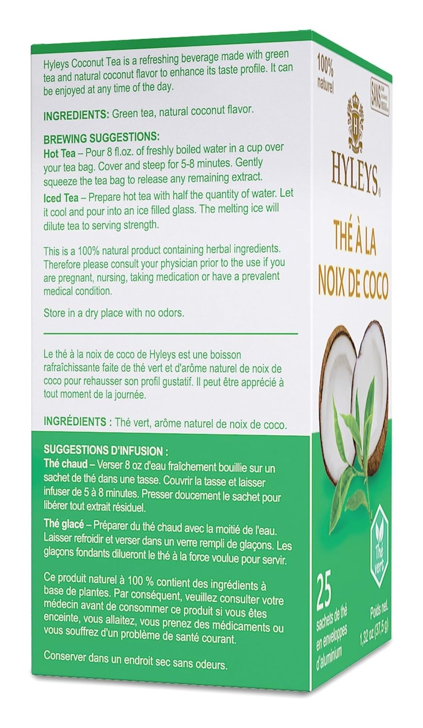 Hyleys Wellness Natural Coconut With Green Tea – 25 Tea Bags (Gmo Free, Gluten