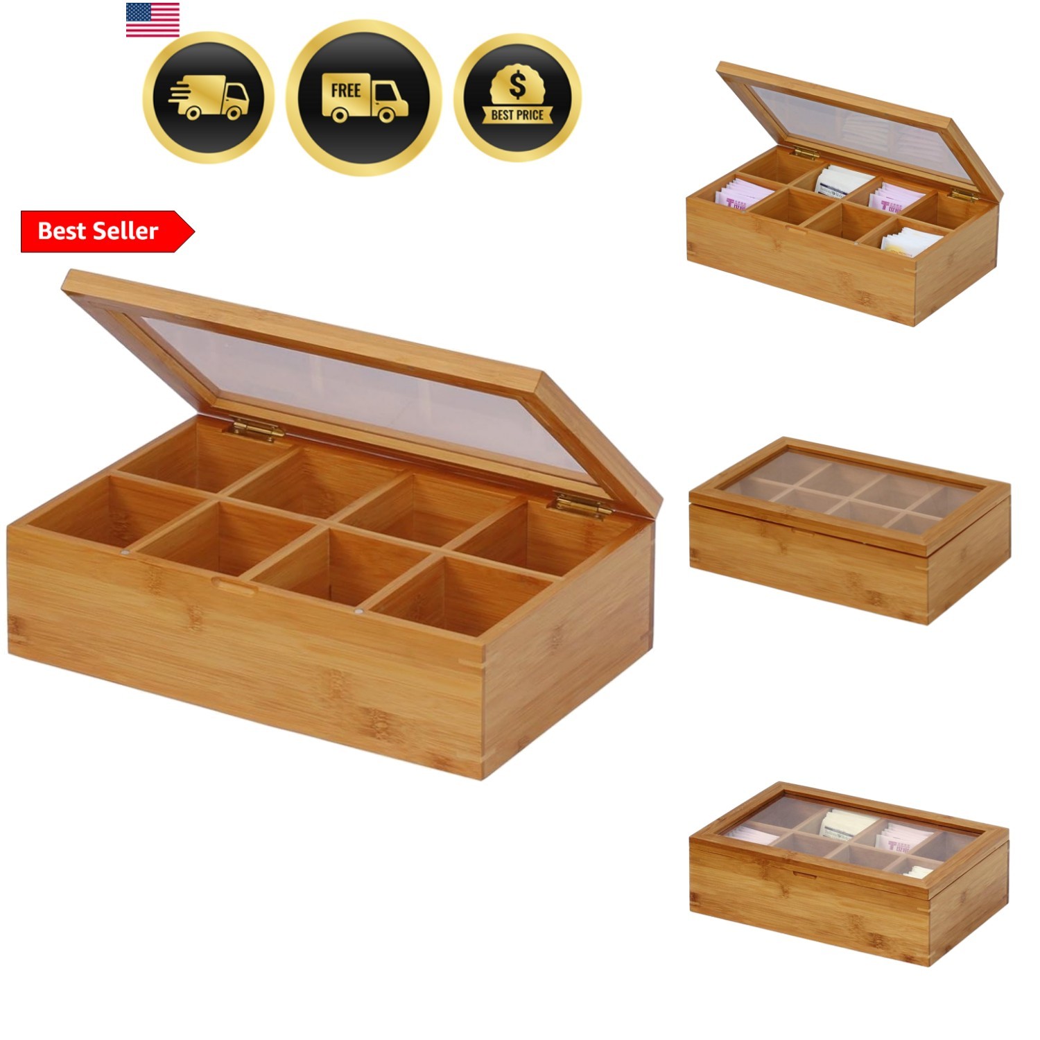 TB1323 Bamboo Tea Box, 12 Inch, Natural