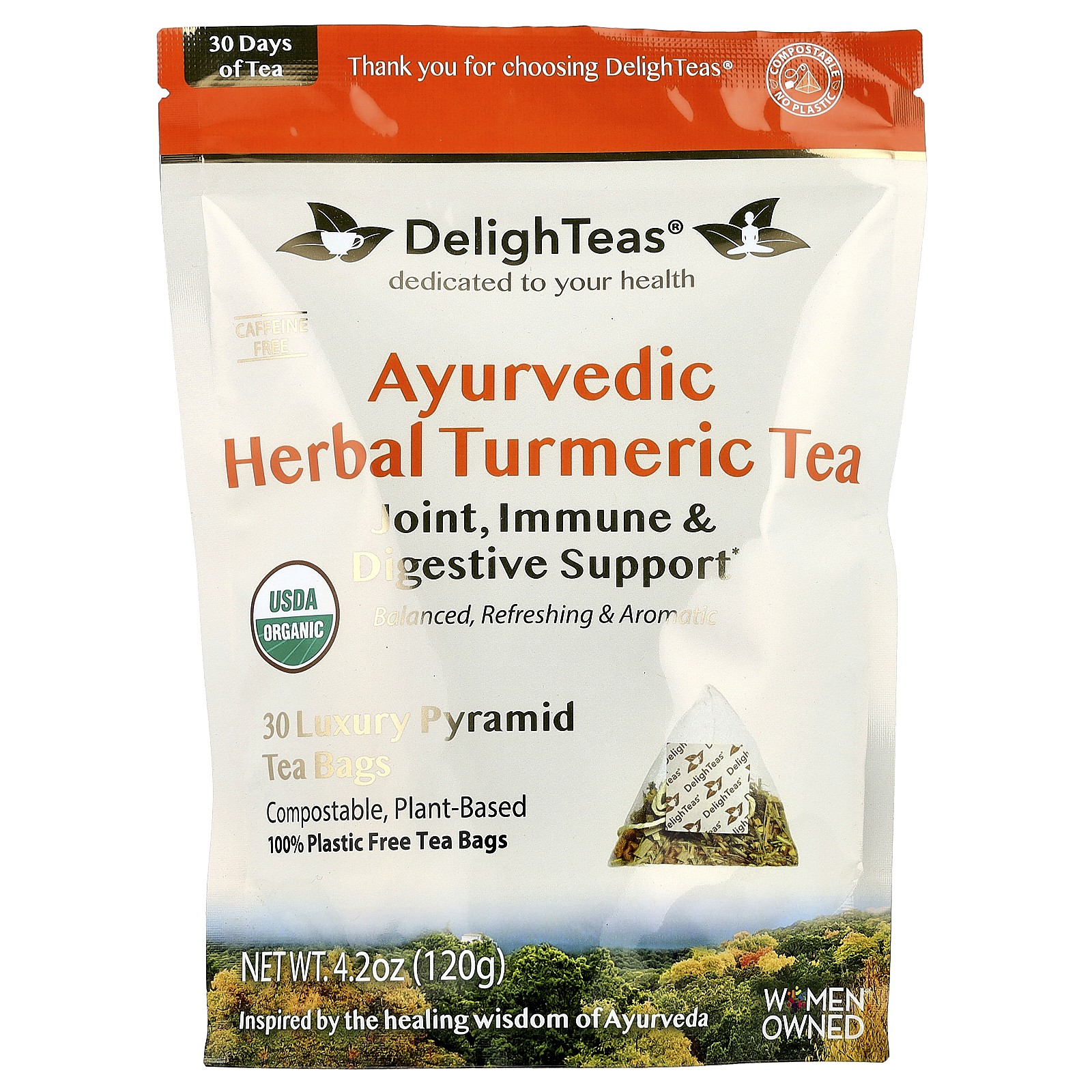 Ayurvedic Herbal Turmeric Tea, Caffeine Free, 30 Luxury Pyramid Tea Bags, 4.2 oz