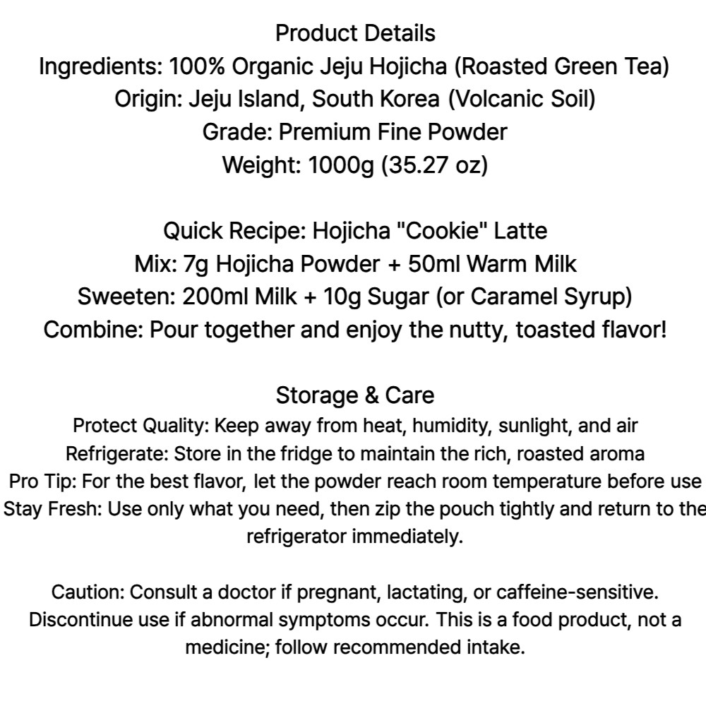 Organic Jeju Hojicha Powder 1000g – Roasted Korean Green Tea for Latte/Baking