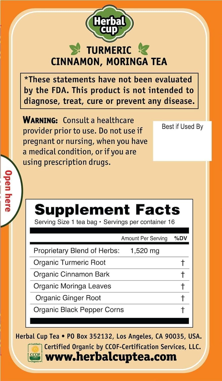 Ayurveda Turmeric Tea, Organic Cinnamon Moringa, No Caffeine Herbal Supplement
