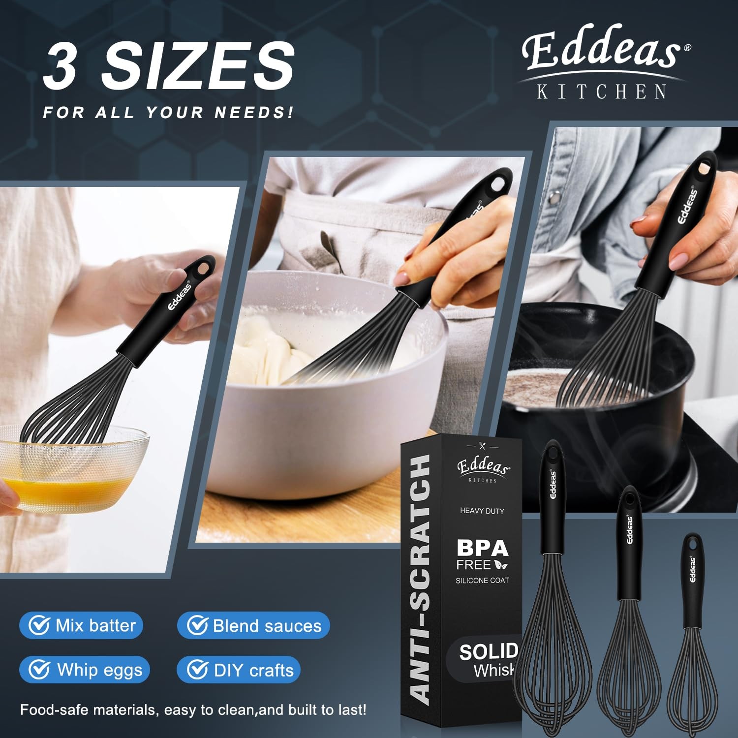 Whisks For Cooking – 500 °F Heat Resistant Silicone 7+9+11 inch, Black 3Pcs