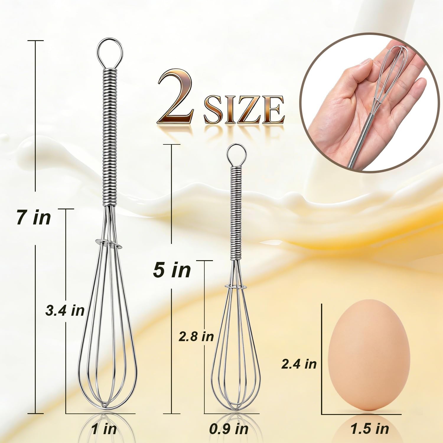 Anaeat Mini Wire Whisks, Set of 2 Portable Stainless 5+7 inch, 2 Pcs Silver