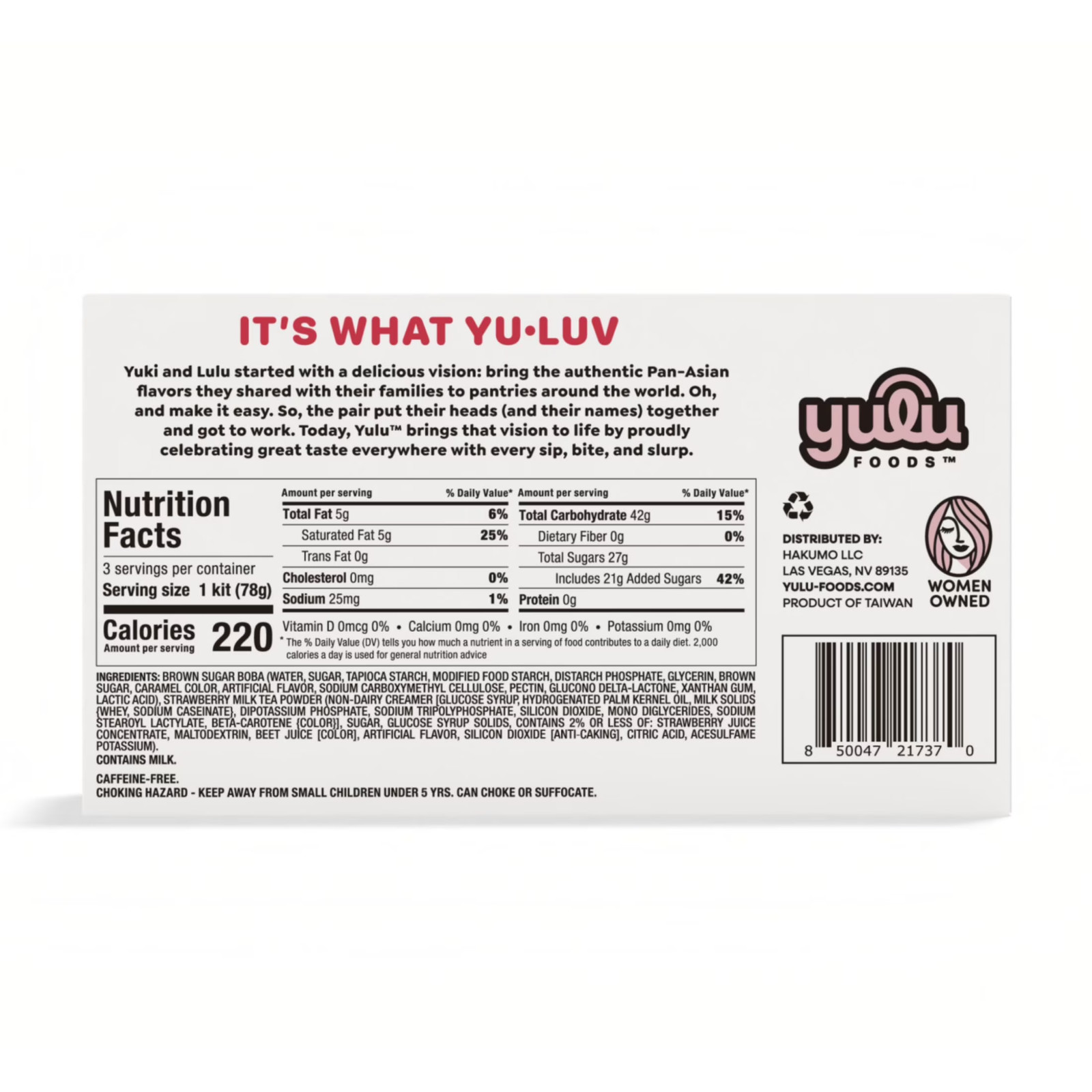 Yulu Foods Instant Boba Strawberry Milk Tea, Bubble Tea Kit, 3 Drinks