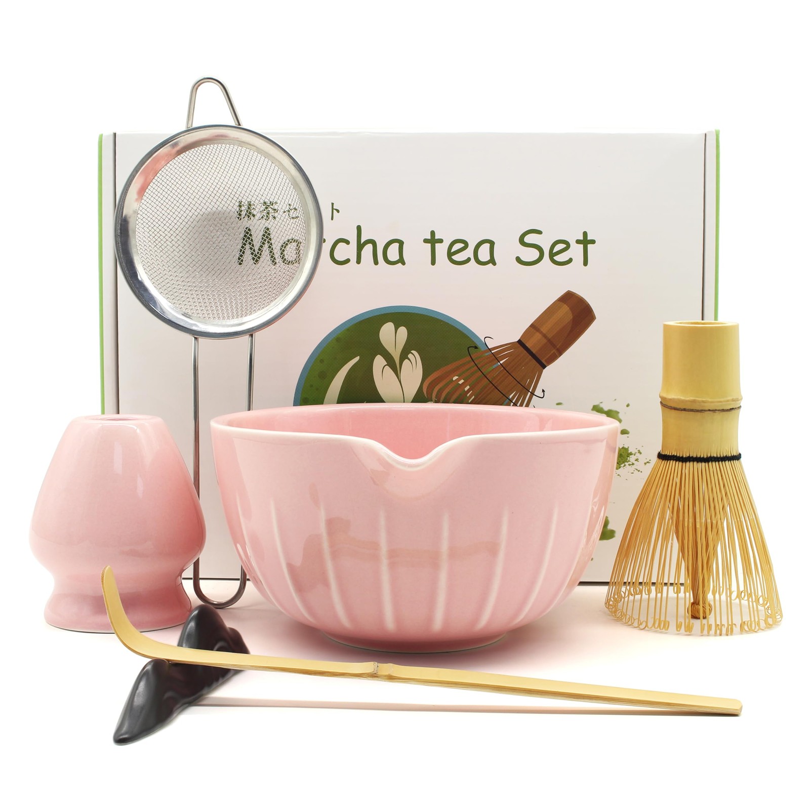 Matcha Tea Set 7 Piece Bamboo Whisk Bowl Ceremony Kit Japanese Pink Gift