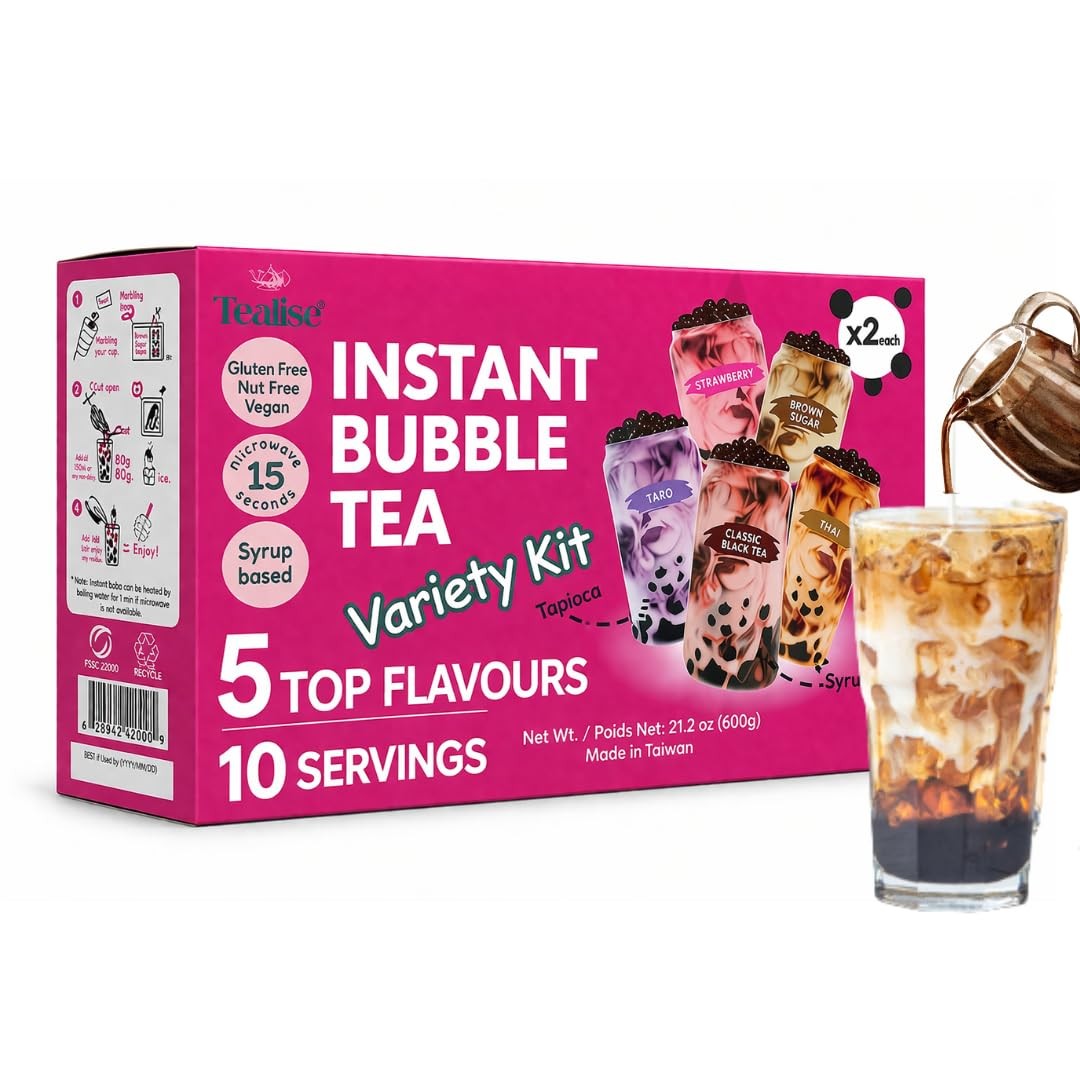 Instant Bubble Tea Kit (10 Servings) 5 Flavors Variety Pack, Ready in 30 Seco…