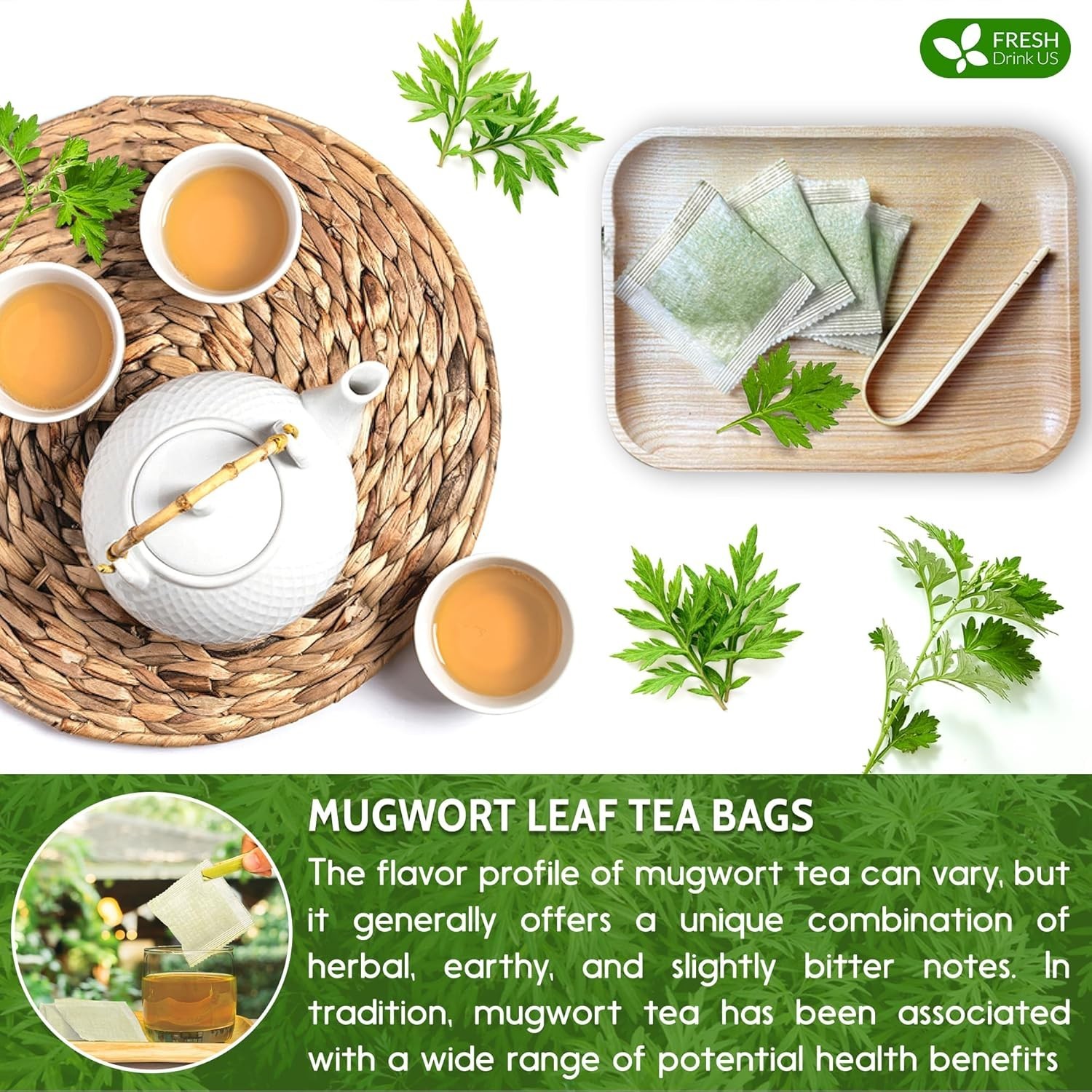 FreshDrinkUS, Premium 45 Mugwort Leaf Tea Bags, 100% Natural and Pure Mugwort Le