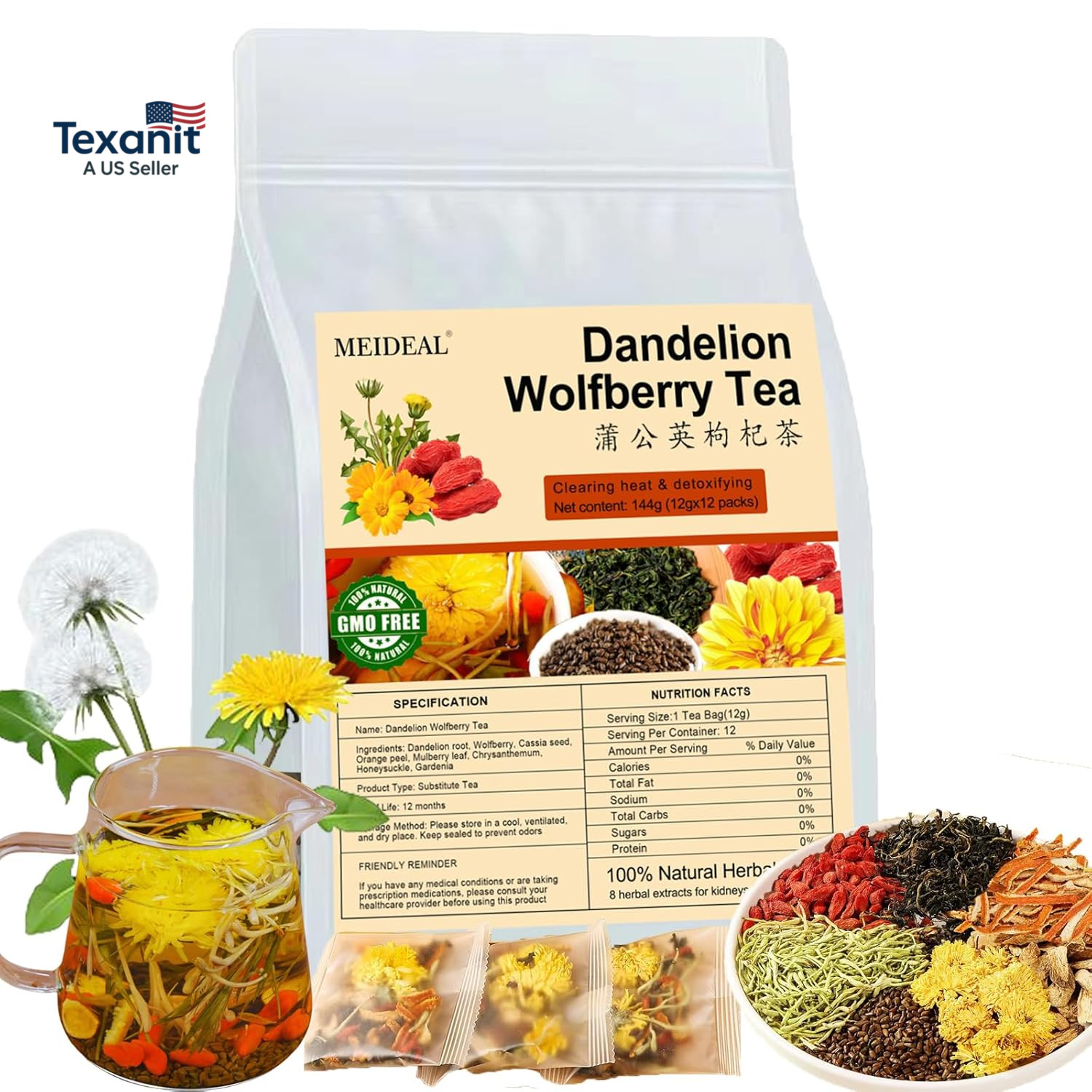 Dandelion Wolfberry Tea, 12 Pcs Organic Dandelion Tea for Kidneys & Liver Health