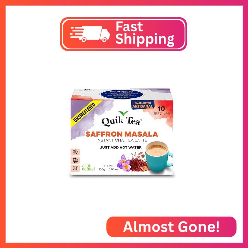 QuikTea Instant Saffron Masala Chai Tea Latte Unsweetened, 10 Single-Serve Sache
