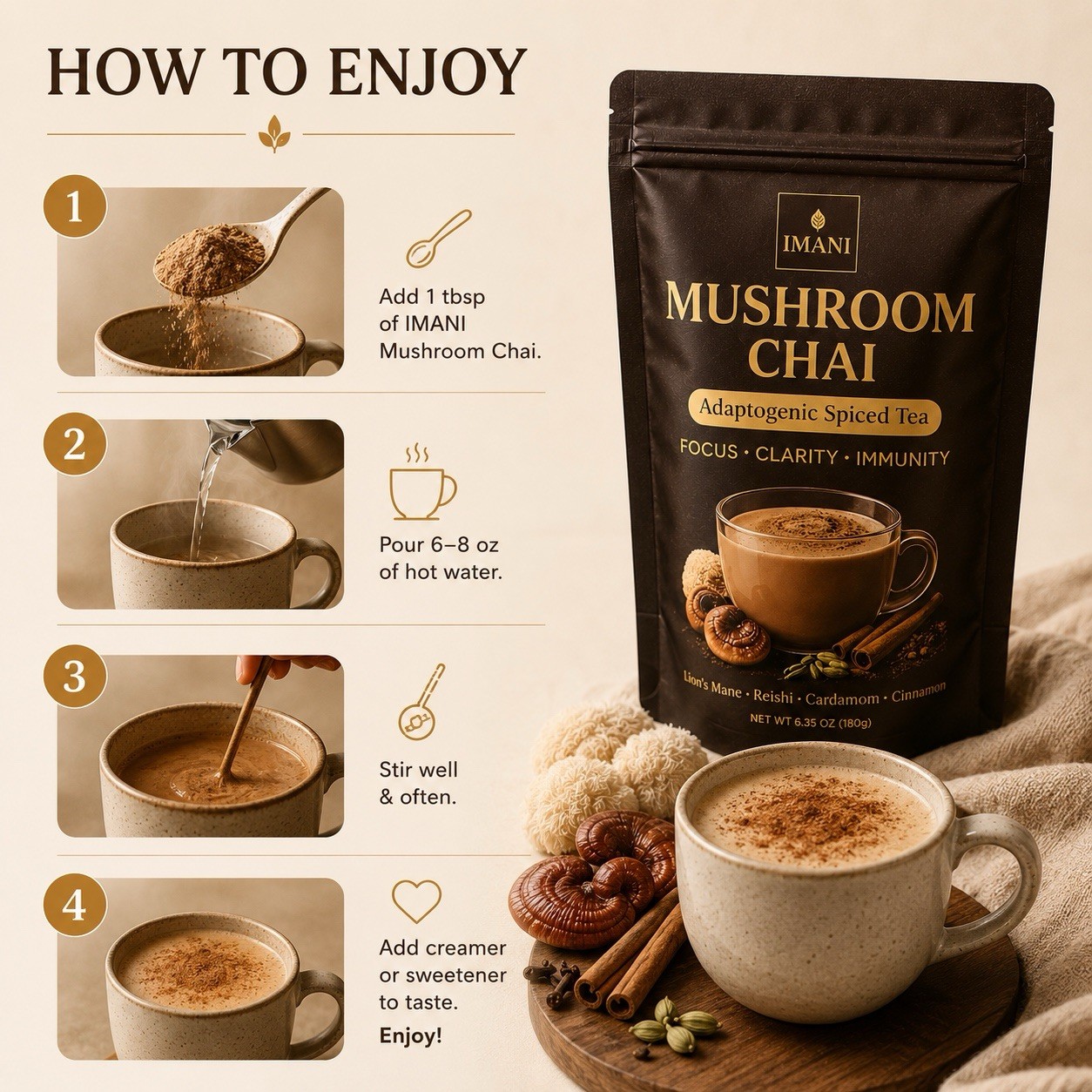 4 PACK IMANI ORGANICS Adaptogenic Mushroom Chai – Focus & Energy Blend 180g DEAL
