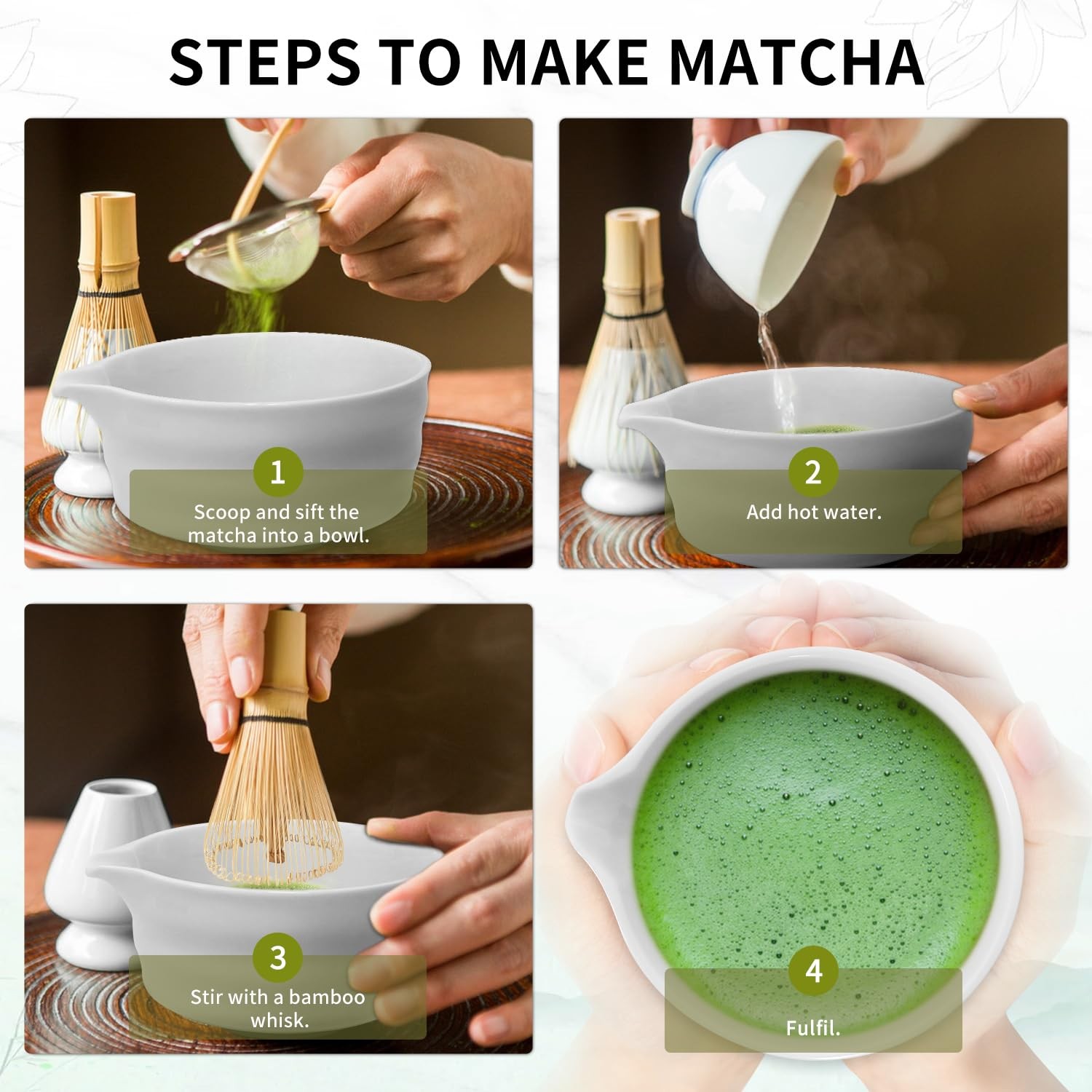 Matcha Whisk Set, Matcha Bowl with Spout, Bamboo Whisk, Scoop, Sifter, Whisk