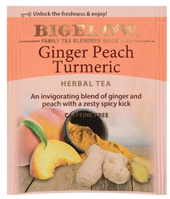 Bigelow Ginger Peach Tumeric Tea Caffeine Free, Herbal 18 Bags Zesty