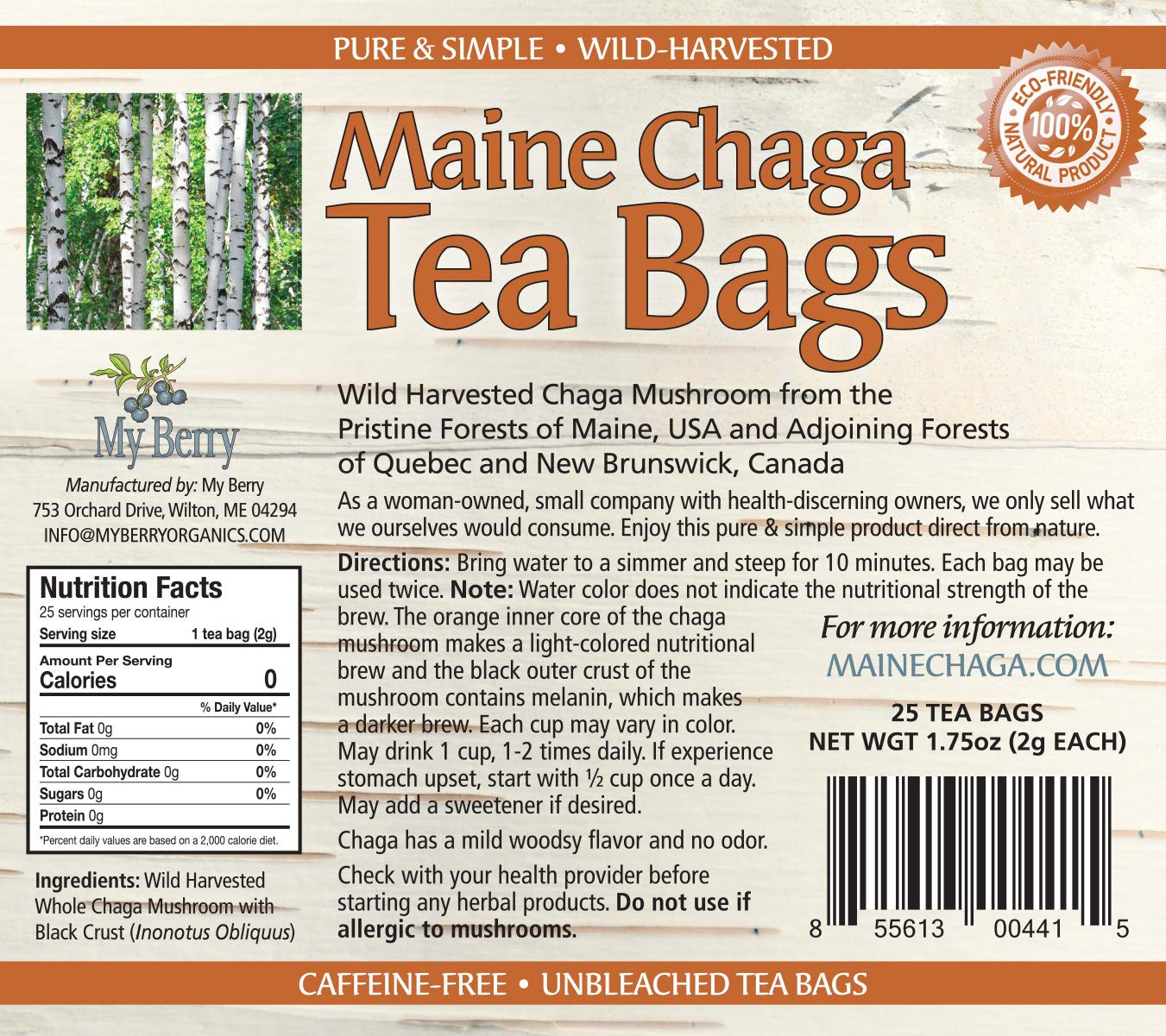 Maine Chaga Tea Bags | 100% Wild-Harvested, USA & Canadian Grown | 100% Additive