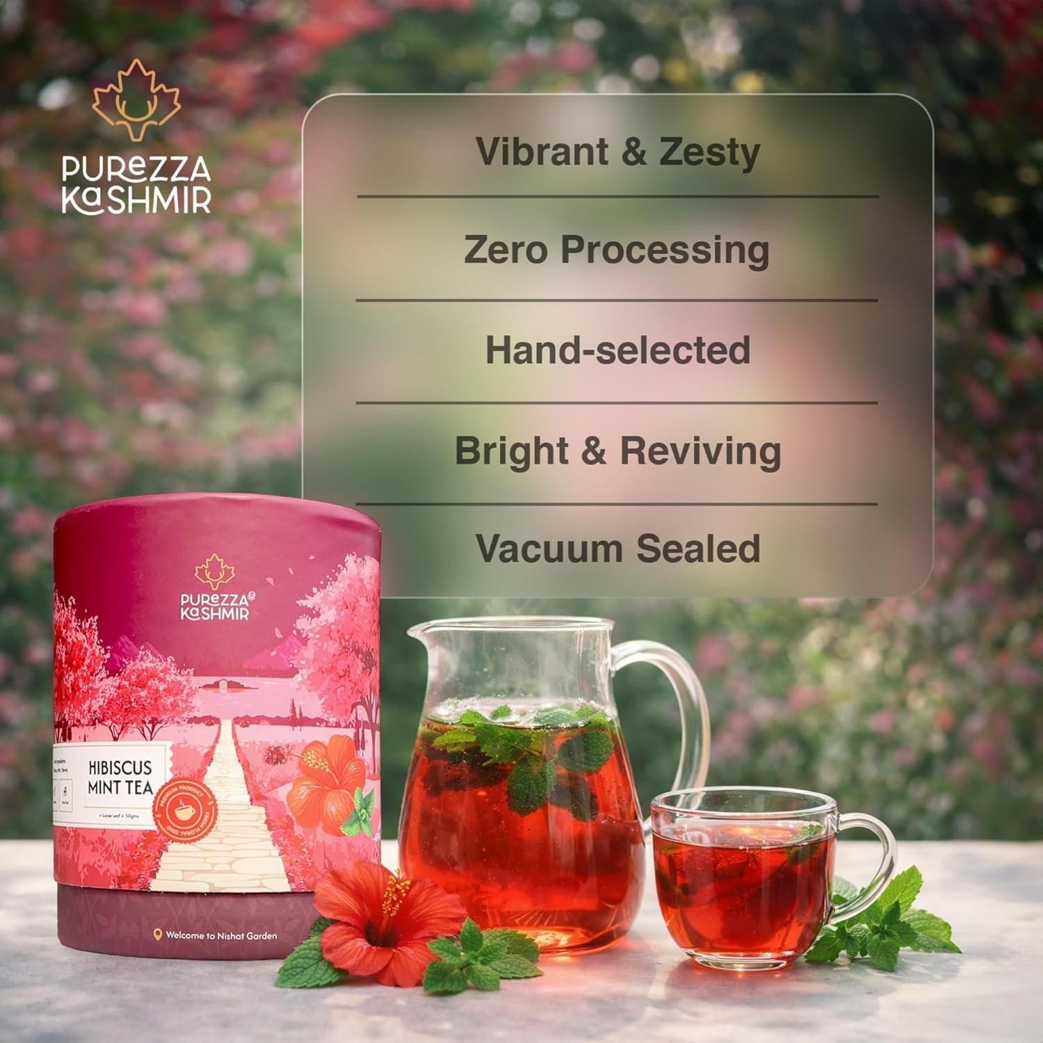 Purezza Kashmir Hibiscus Mint Herbal Tea 50g Caffeine Free Sugar Free Botanical