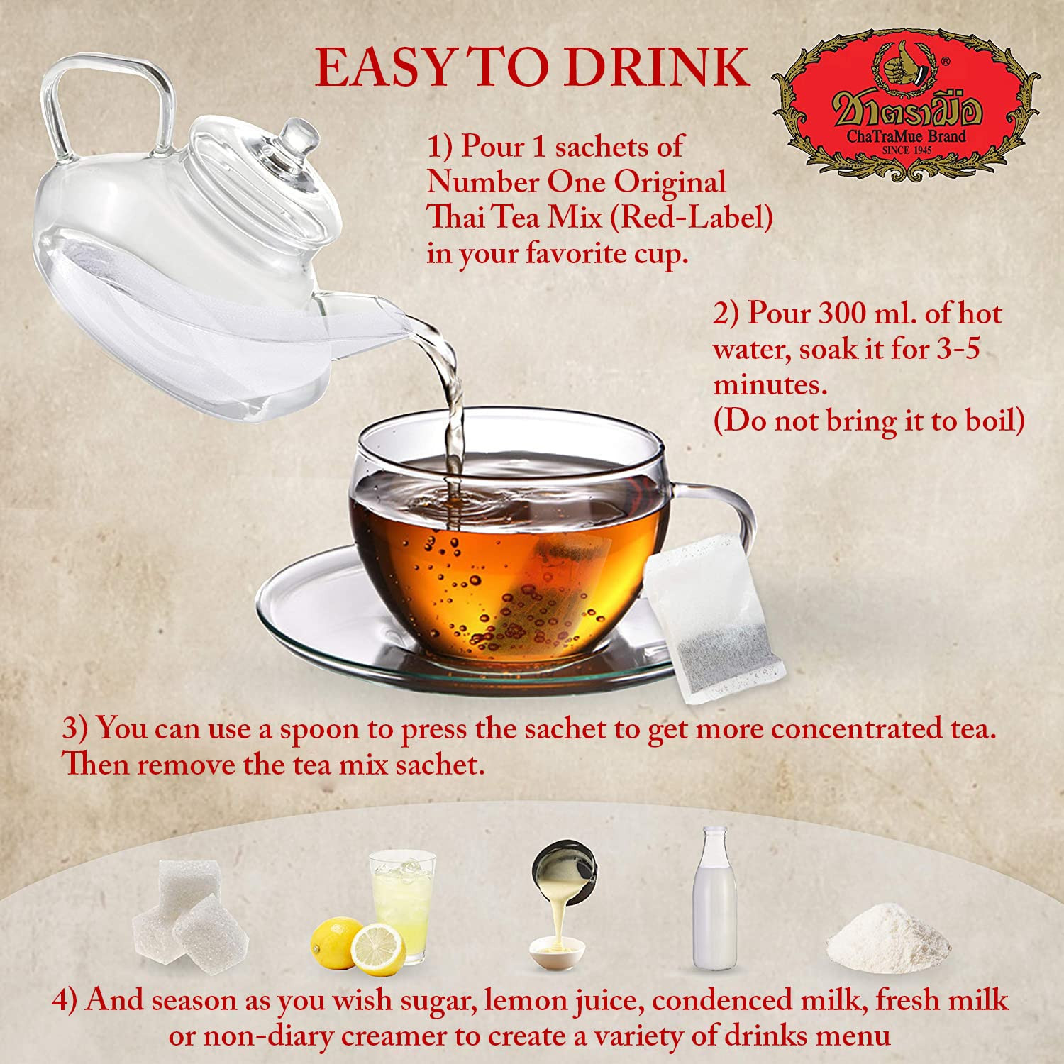 Number-One Brand Original Thai Tea Mix Red Label, 4G X 50 Tea Bags