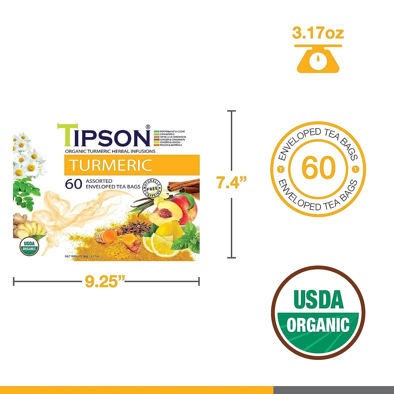 Tipson Organic TUMERIC Herbal Tea Infusions 60 Bags Assorted Sampler 6 Flavors