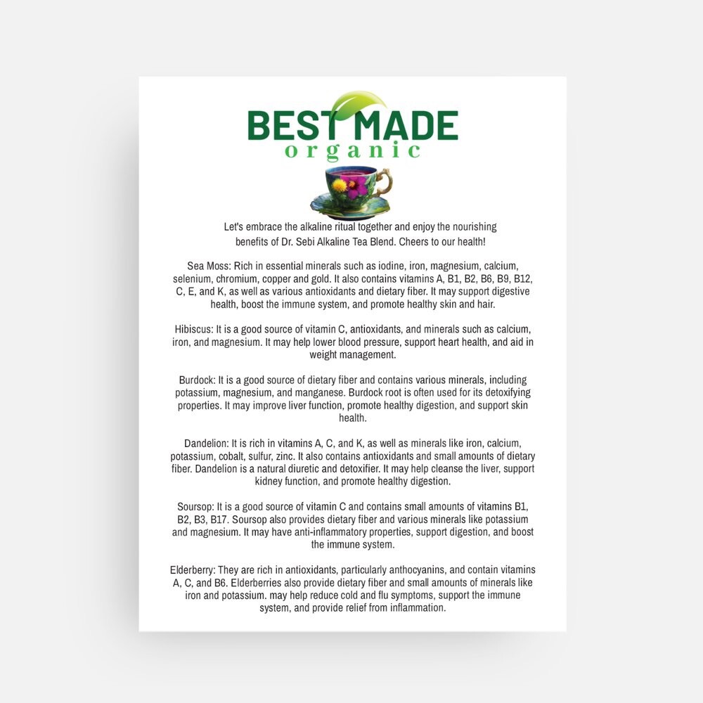 Alkaline Tea Blend – Sea Moss, Dandelion, Hibiscus, Burdock, Elderberry, Soursop