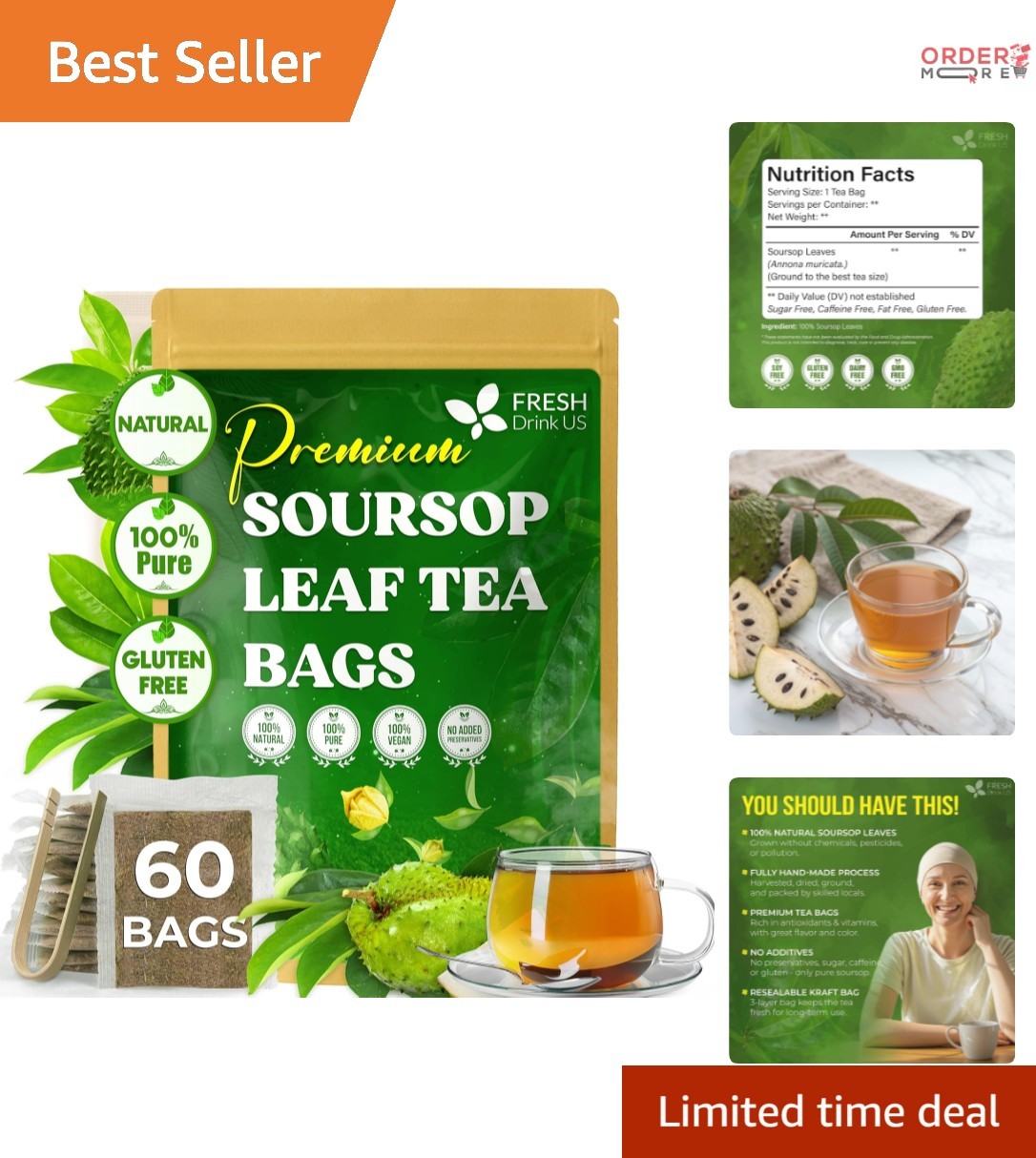 Herbal Soursop Leaf Tea Bags 60 Count Caffeine Free Gluten Free