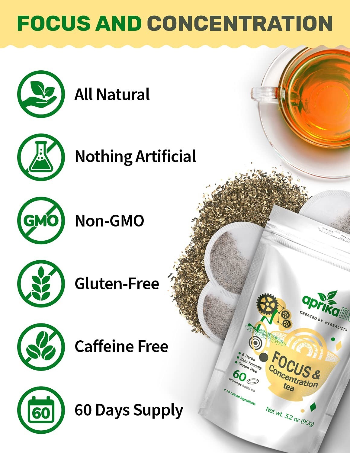 Focus & Concentration Herbal Tea for Attention & Energy , 60 bags, USA seller