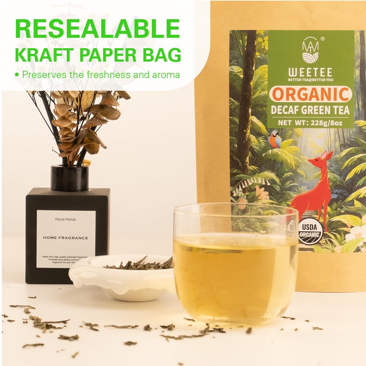 Organic Decaf Green Tea Loose Leaf, 110+ Cups, Made of CO2-Decaffeinated Gree…