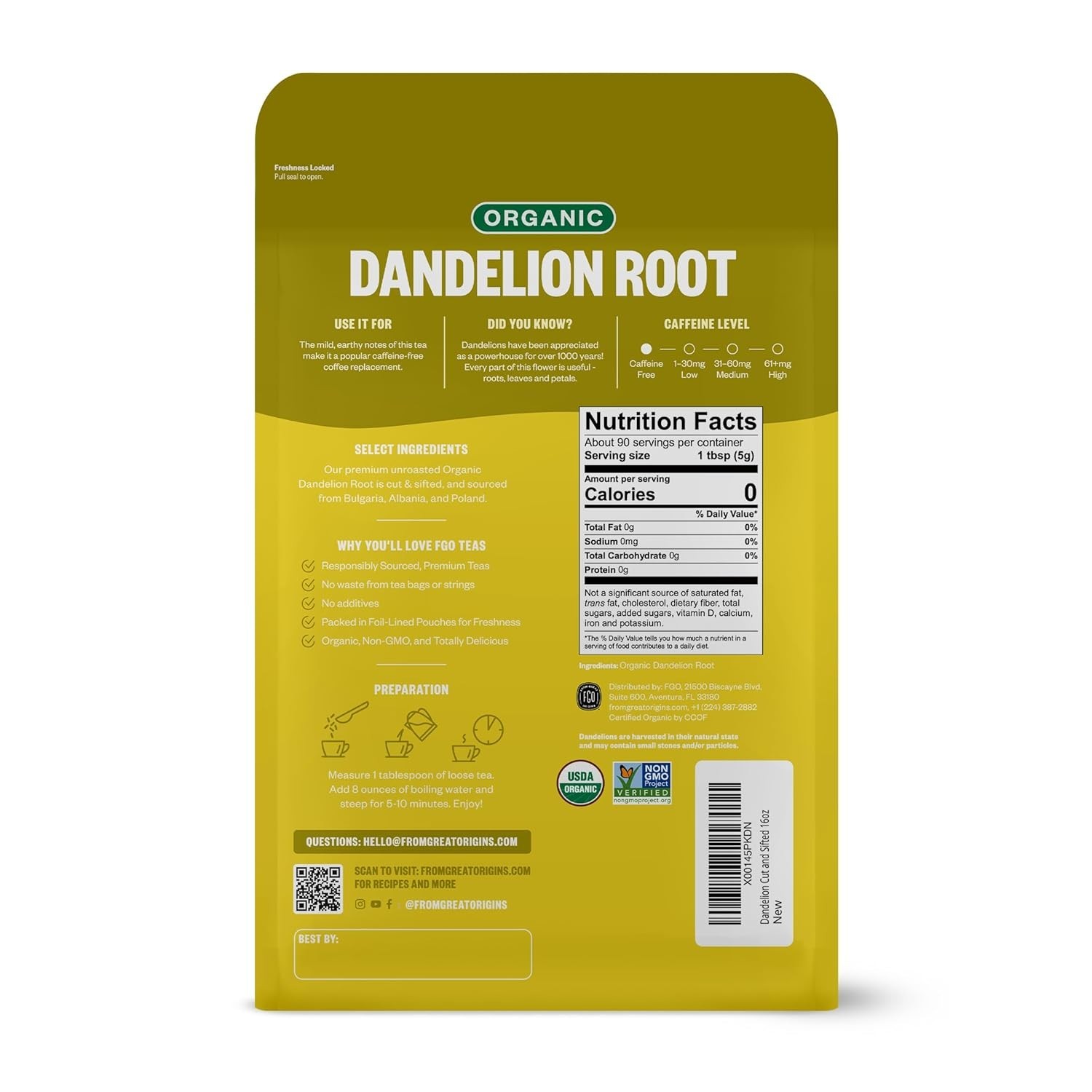 Organic Dandelion Root Tea Loose Cut and Sifted 4 Ounce Resealable Bag