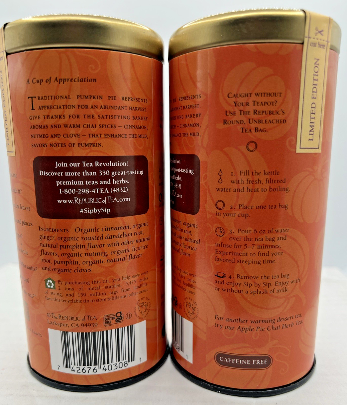 The Republic Of Tea Pumpkin Pie Chai Tea Tins 36 Caffeine-Free Herb Tea Bags X2