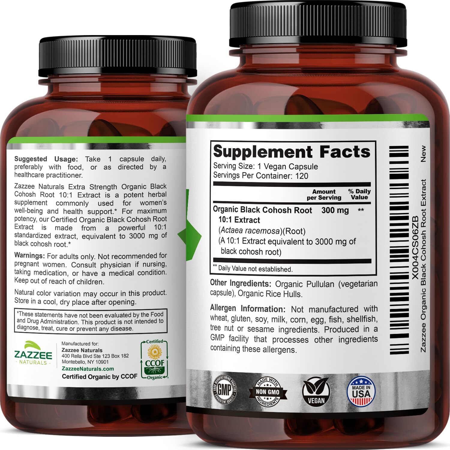 Zazzee Black Cohosh 3000mg 10:1 Extract 120 Vegan Caps Organic USA