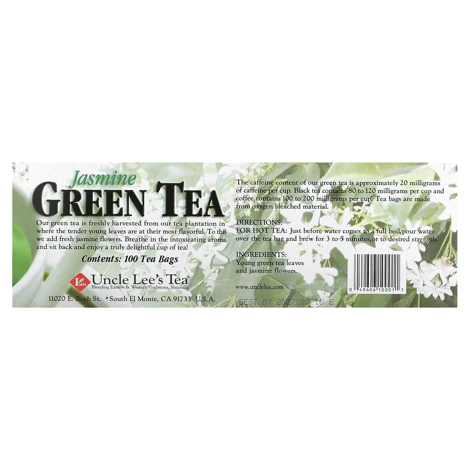 Uncle Lee’s Tea, Jasmine Green Tea Tea Bags Individually Wrapped 100 Ct.