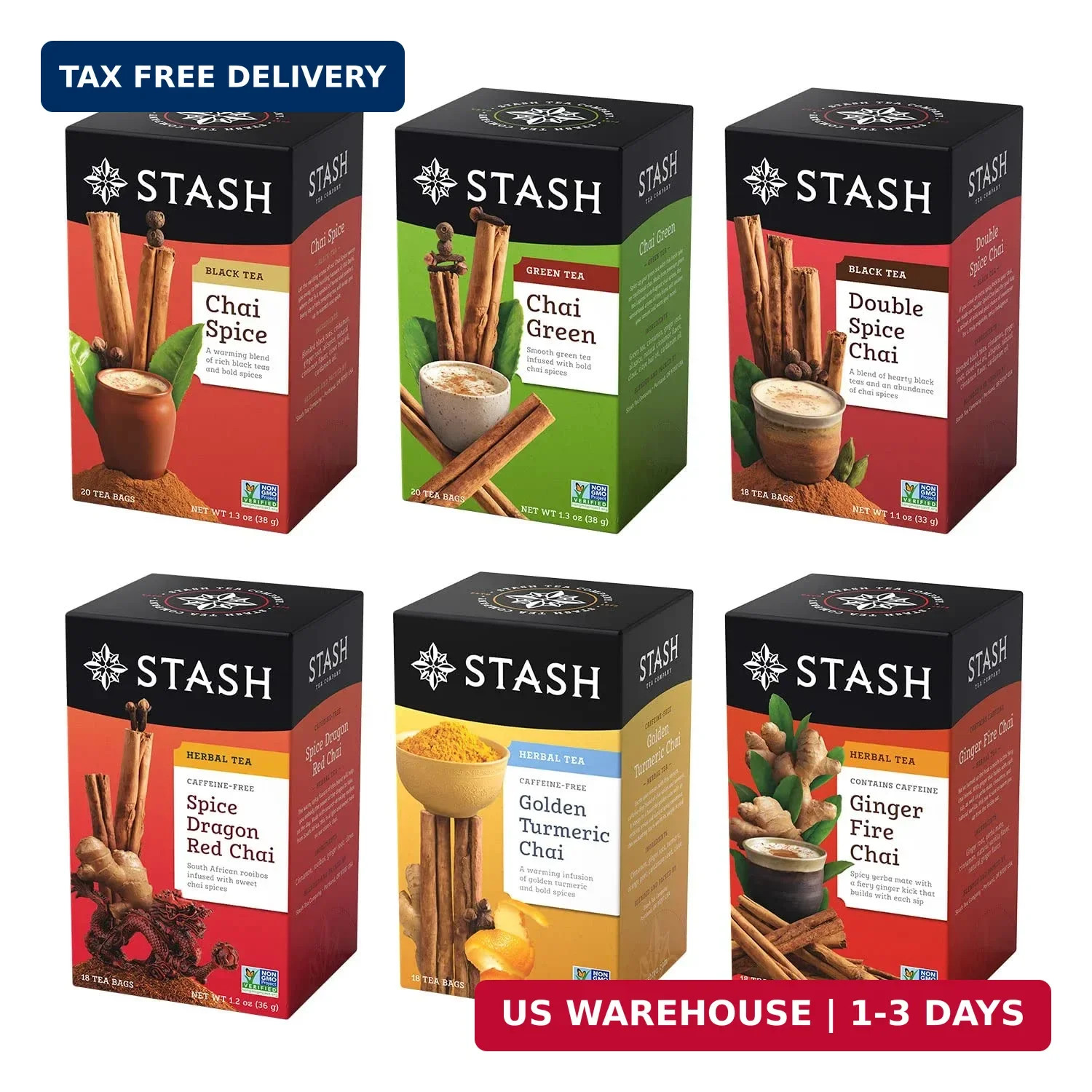 Stash Tea Chai Tea Variety Pack Sampler Assortment – Caffeinated, Non-GMO Projec