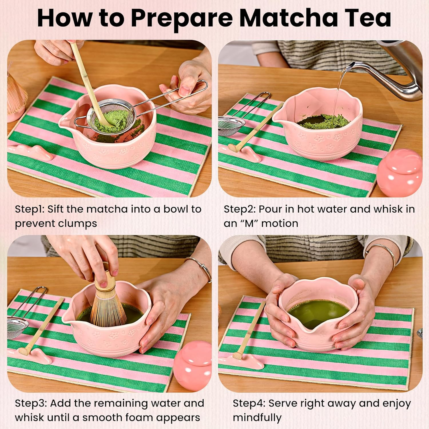 NOVANIA Pink Matcha Whisk Set – 10Pcs Premium Japanese Bamboo Matcha Kit with Bo