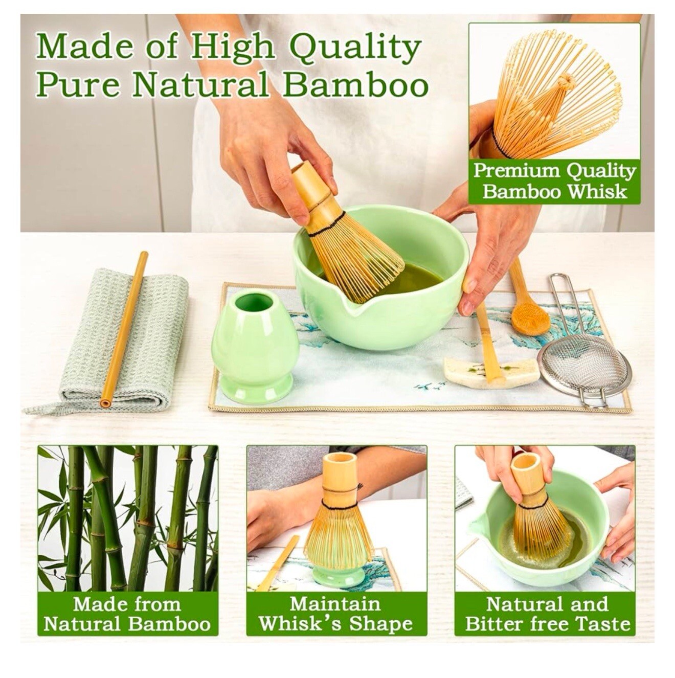 10 Pcs Matcha Whisk Set, 100 Prongs Bamboo Whisk with 17 OZ Spouted Ceramic