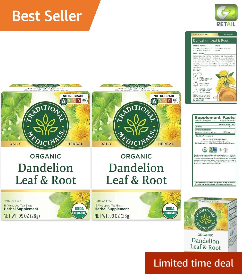 Supportive Organic Dandelion Tea – 16 Bags Each, Pack of 2 for Better Digestion