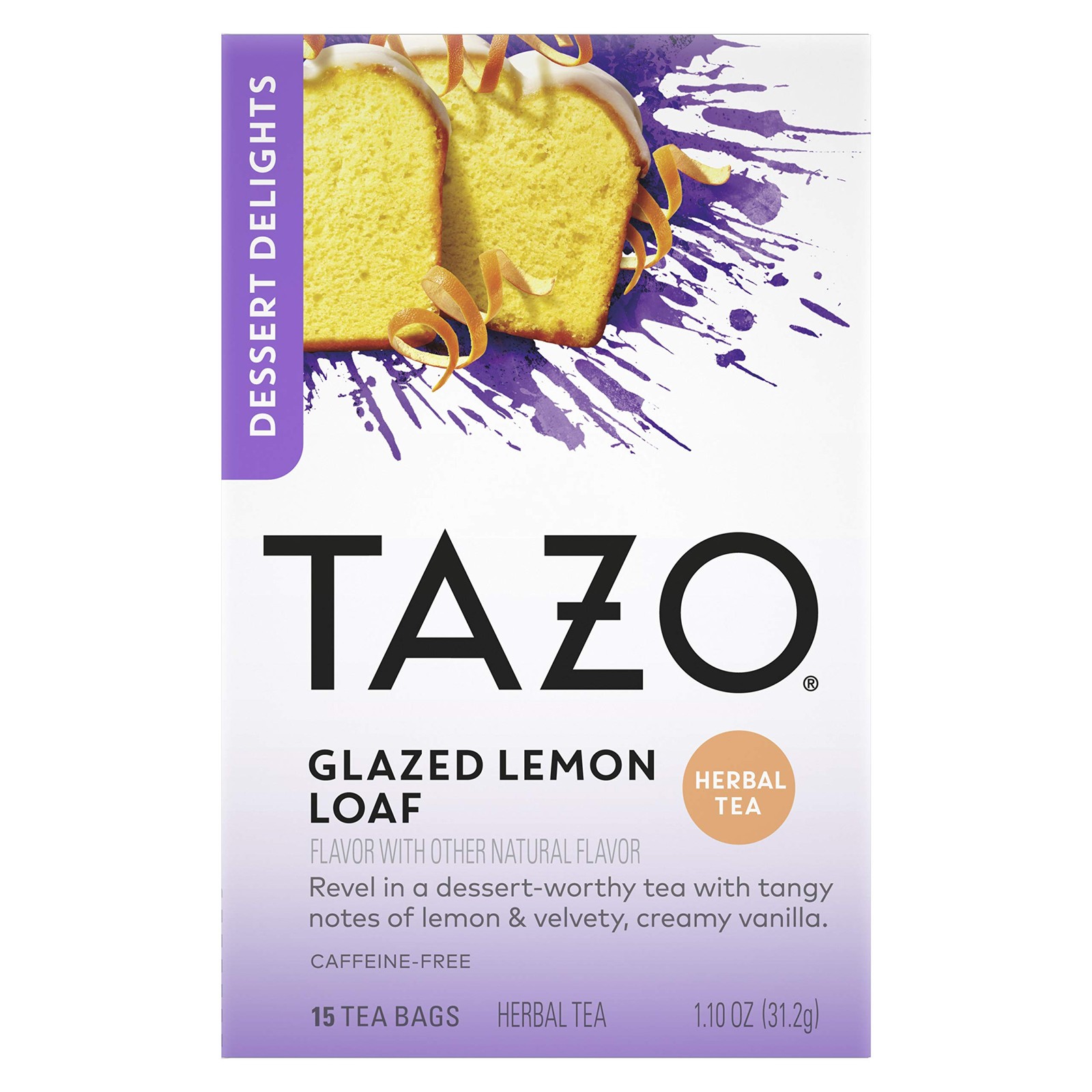 TAZO Glazed Lemon Loaf Dessert Delights Herbal Tea Bags, Caffeine Free, 15 Bags